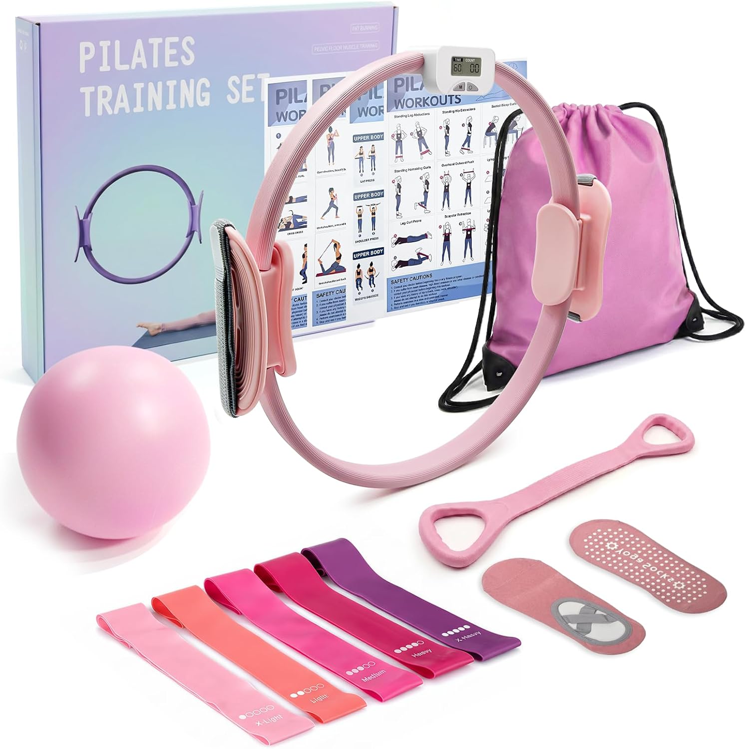MaxU Pilates Essentials Kit for Women – Pilates Ring with Counter, Home Pilates Workout Kit with 14" Pilates Ring & Ball Set, Resistance Bands and Grip Socks – Ideal for Beginner Home Workouts