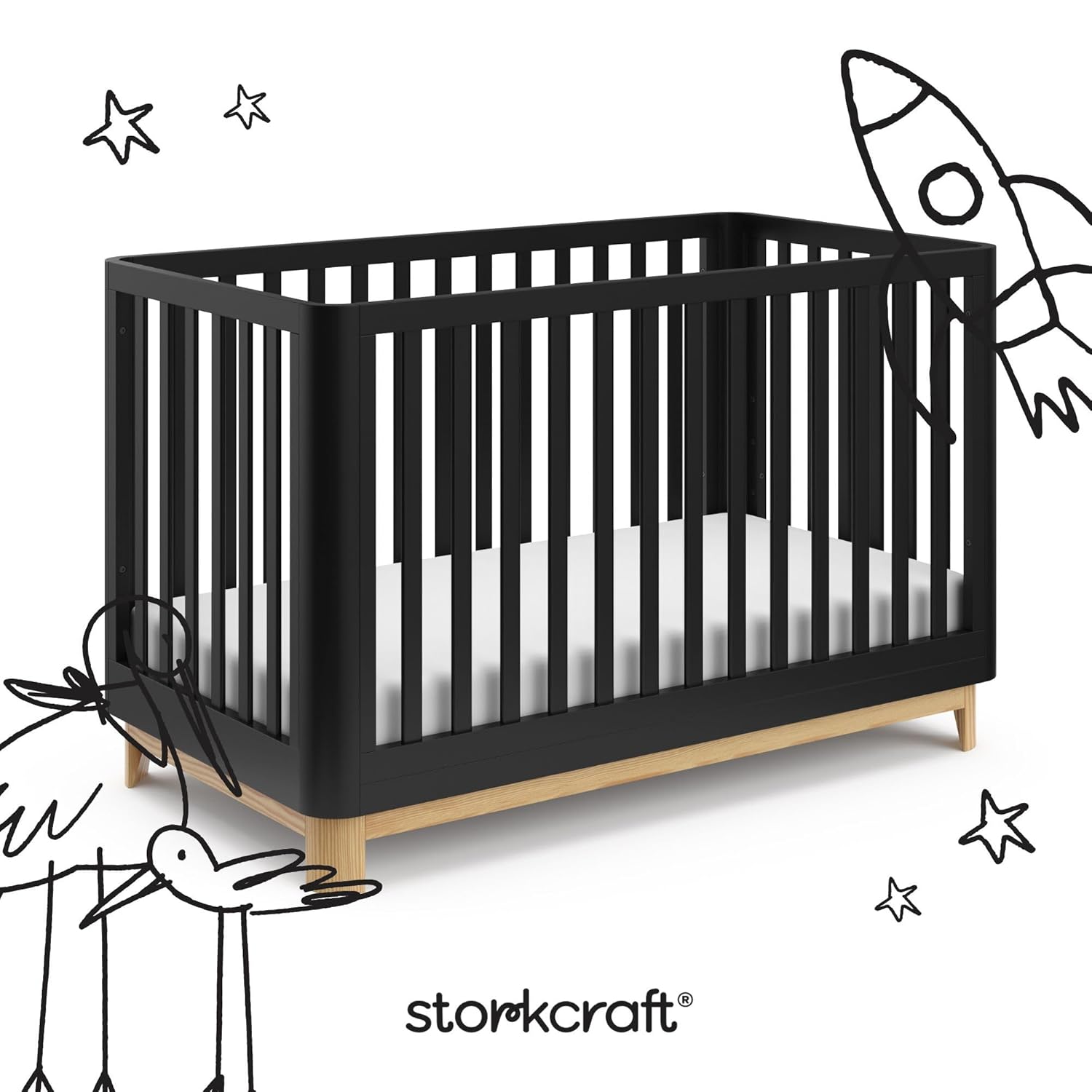 Storkcraft Santos Convertible Crib (Black & Natural) – GREENGUARD Gold Certified, Fits Standard Crib Mattress, Converts to Toddler Bed and Daybed, 4 Adjustable Mattress Heights, Rounded Edges