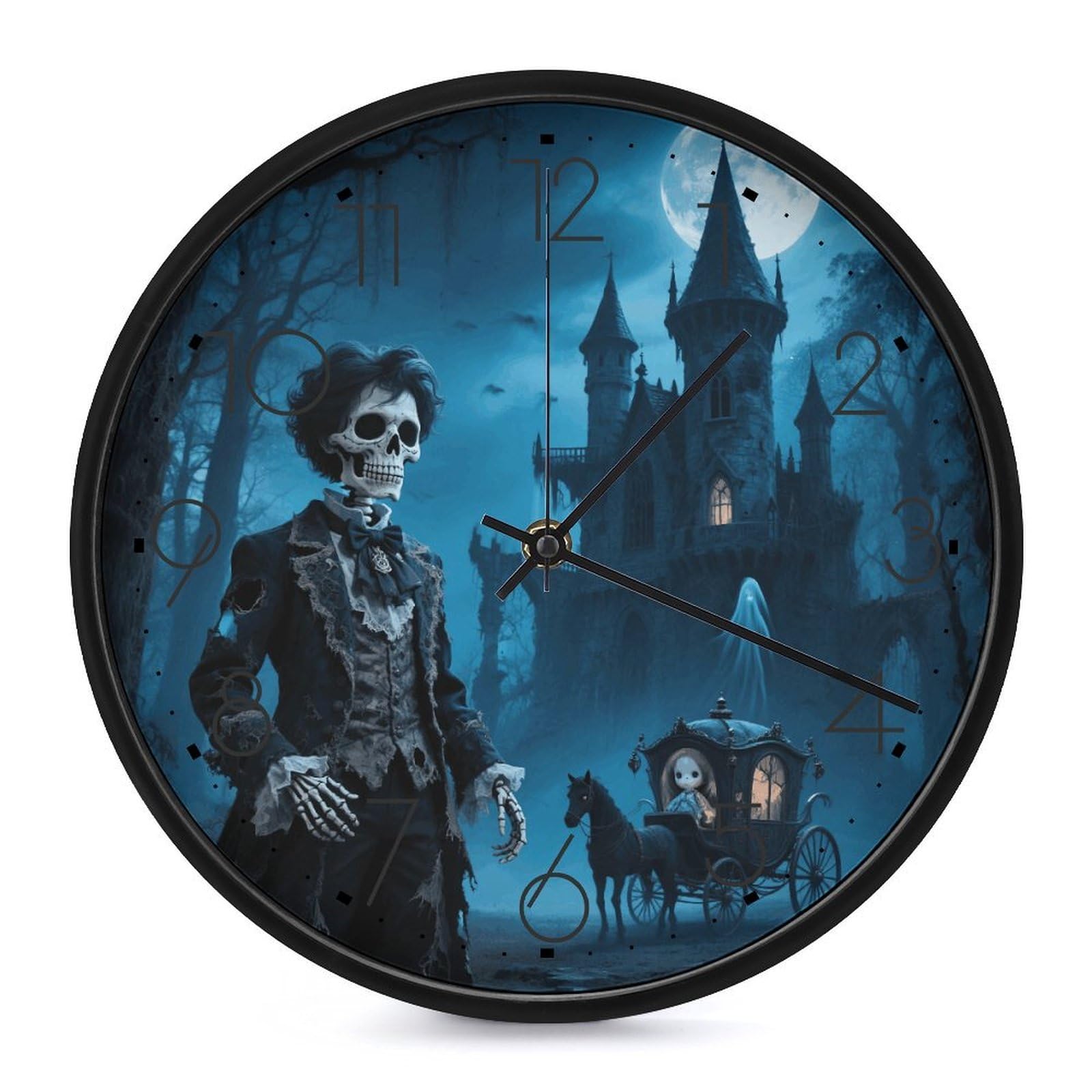 DWVTSLH Dark Fairytale Skeleton Carriage Wall Clock 10 Inch Silent Non-Ticking Modern Clocks Battery Operated - Decorative Wall Clocks for Bedroom Living Room Kitchen Office Wall Decor Gift Idea