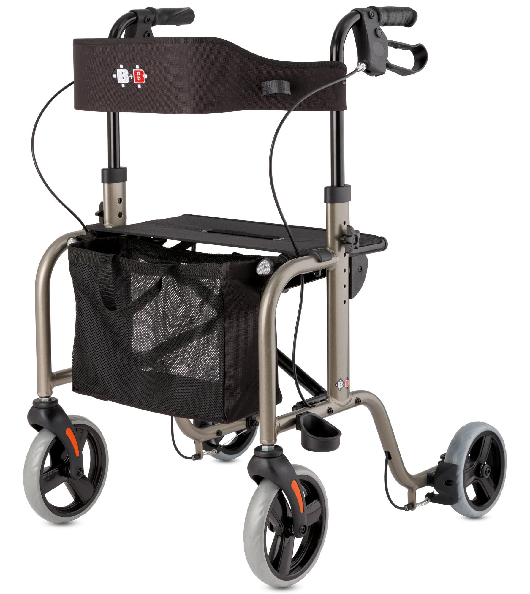 Bischoff & Bischoff RL-Smart Rollator, faltbar – Leichtgewicht-Rollator für drinnen und draußen, Gehwagen mit abnehmbarer Tasche und Stock-Halter, Platin