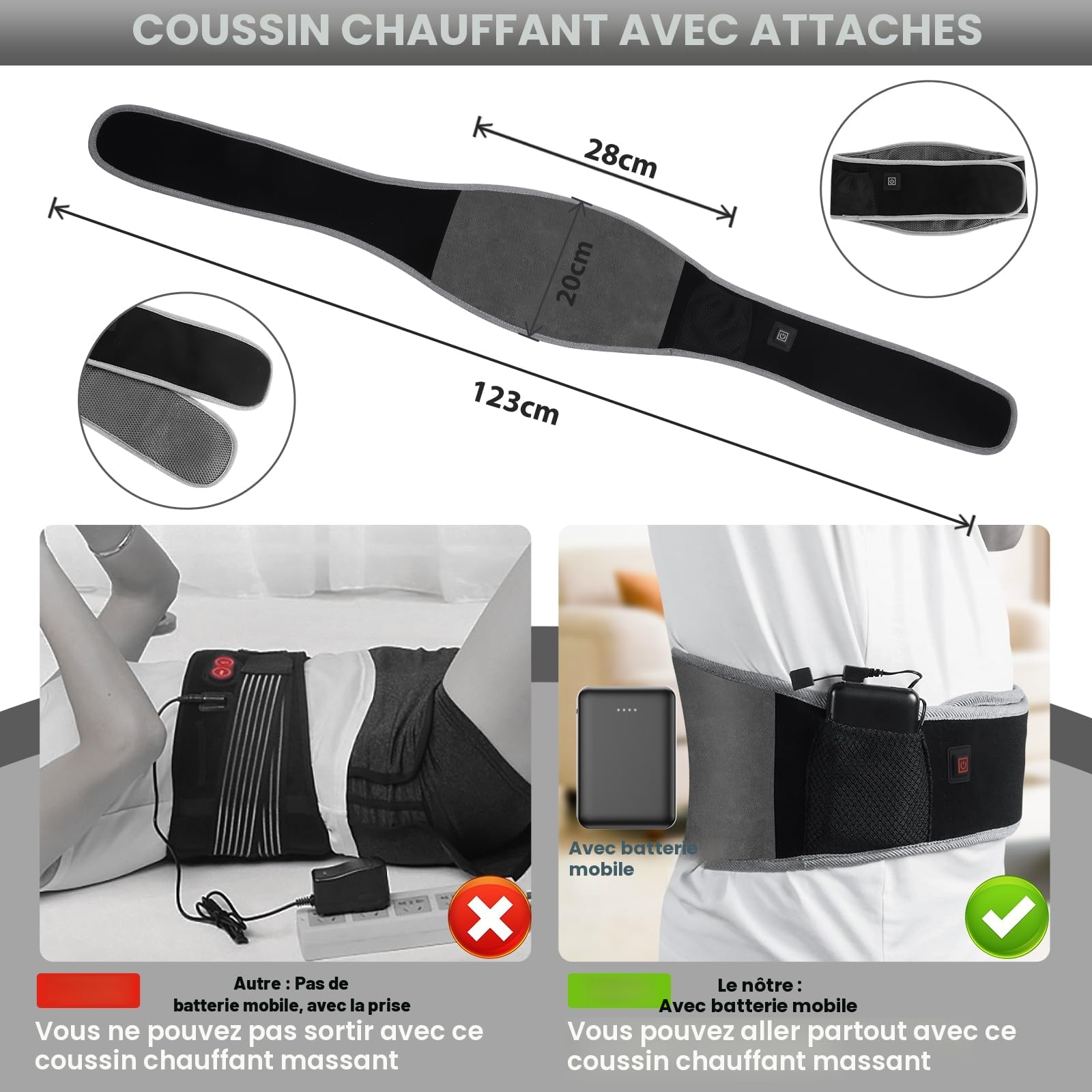 Graphène Ceinture Chauffante Lombaire avec Batterie 5000mAh, Coussin Chauffant avec 3 Niveaux de Température, Ceinture Lombaire Chauffante avec Arrêt Automatique