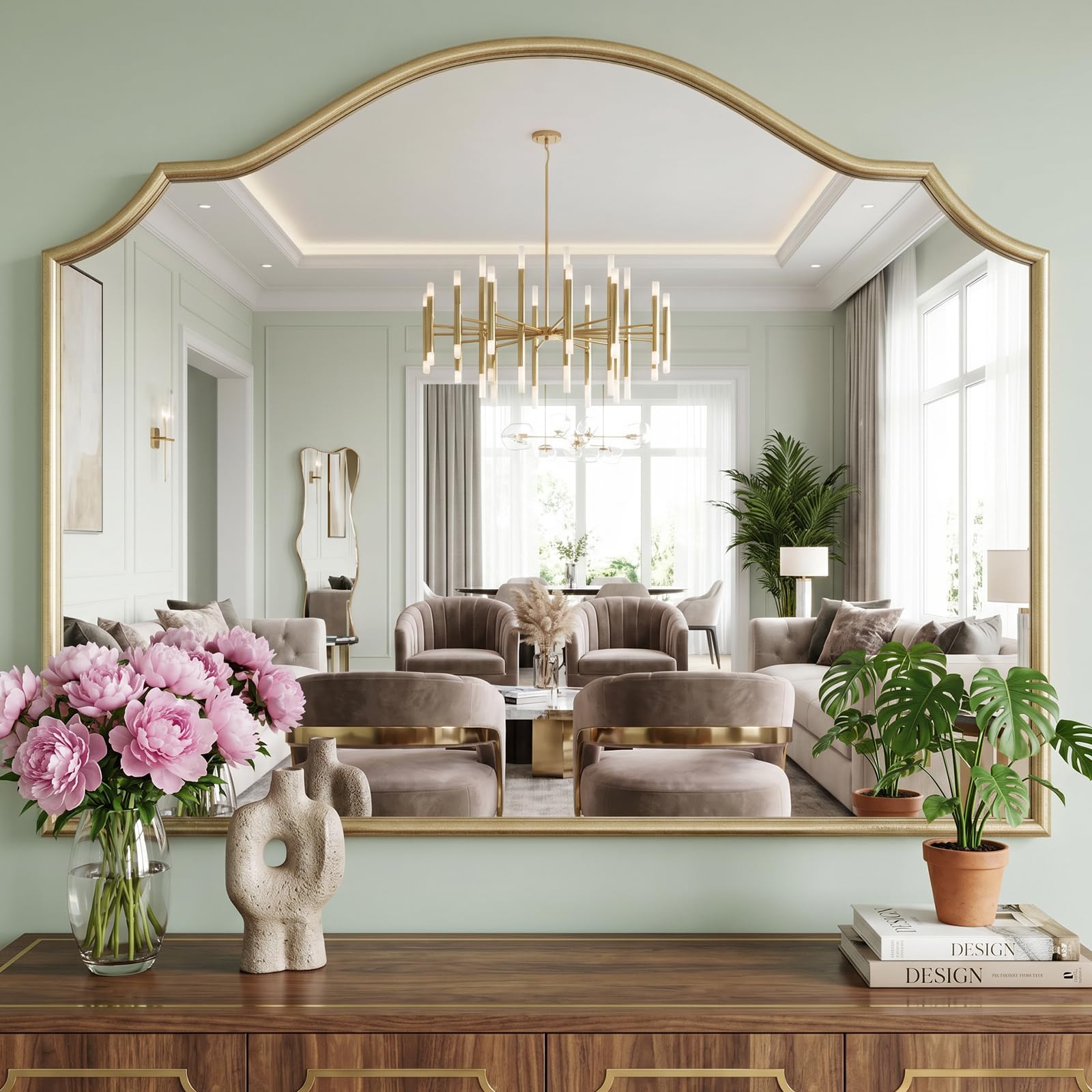 Gold Scalloped Wall Mirror: 36"x24" Large Modern Minimalist Bathroom Mirror - Decorative Vanity Arched Mirrors for Dresser/Entryway/Fireplace/Mantle/Living Room - Home Decor for Housewife