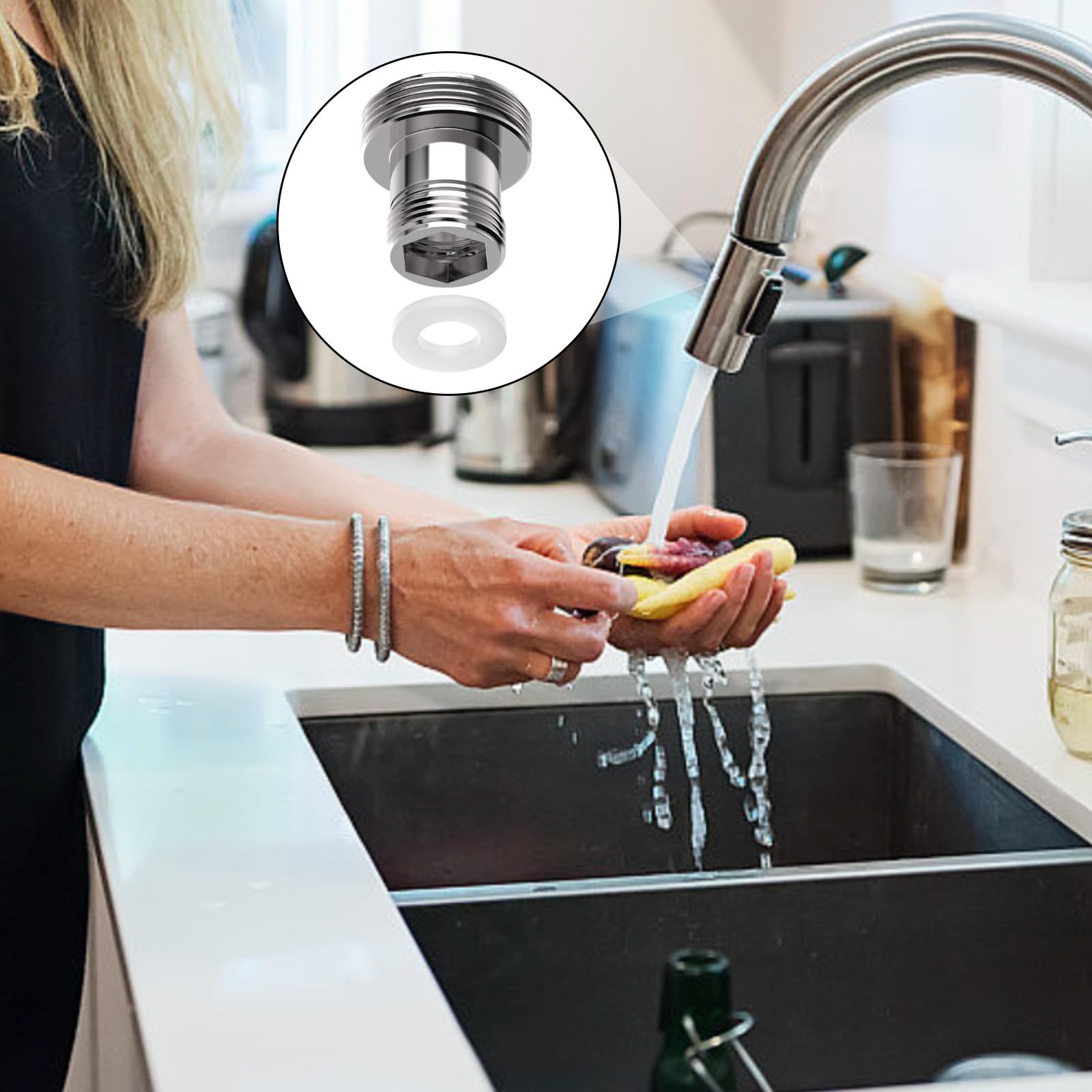 2 adattatori per rubinetto, adattatore per collegamento dell'acqua, adattatore per rubinetto M22 su M16, filettatura metrica M22 su M16, materiale in alluminio, adatto per rubinetti (argento)