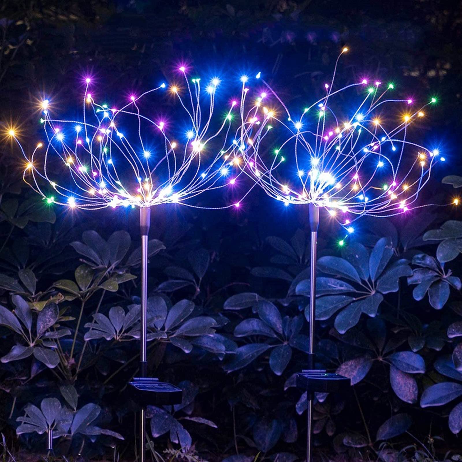Solarne lampy ogrodowe na zewnątrz, 2 sztuki, 150 diod LED, wodoodporne, fajerwerki, dekoracja ogrodu, oświetlenie DIY, kolorowe światło na ścieżkę, patio, trawnik, podwórko, Boże Narodzenie, przyjęcie, ozdoba ślubna (kolorowe światło)