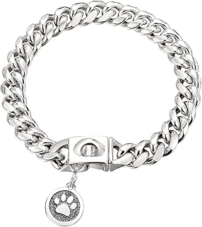 iDofas Dog Chain Collars Cuban Link Dog Collar Design Buckle with Bell & Dog Tag Stainless Steel Metal 10mm Gold Silver Dog Collar for Puppy Small Medium Large Dogs (Silver/20)