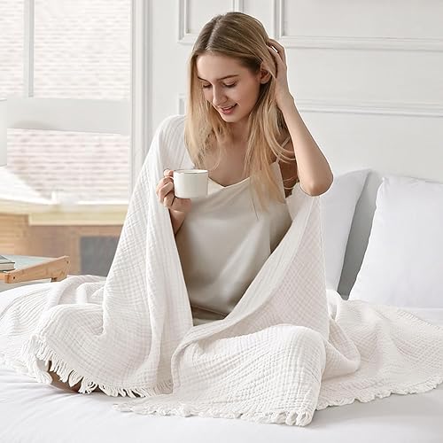 Miniatura 4 de Esterra Manta de muselina de algodón suave y ligera, prelavada para todas las estaciones, transpirable de 4 capas de gasa para sofá cama, avena, 66