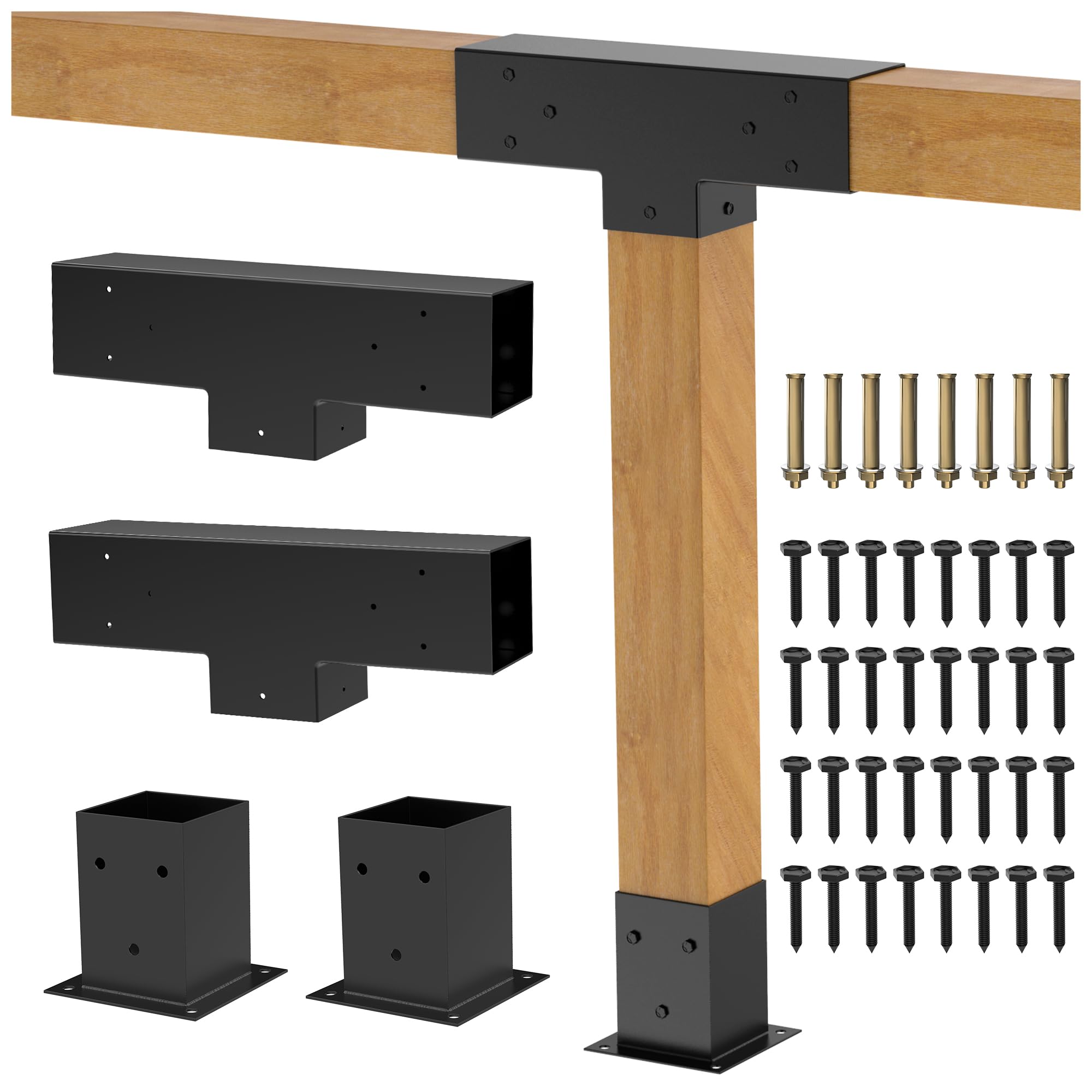 Heavy Alloy Steel Pergola Kit with 3-Way T-Shape Brackets for 4"x 4" (Actual 3.6" X 3.6") Lumber，DIY Pergola Brackets Suitable for Pergolas,Gardens,and Metal Gazebo Kits - Includes Screws