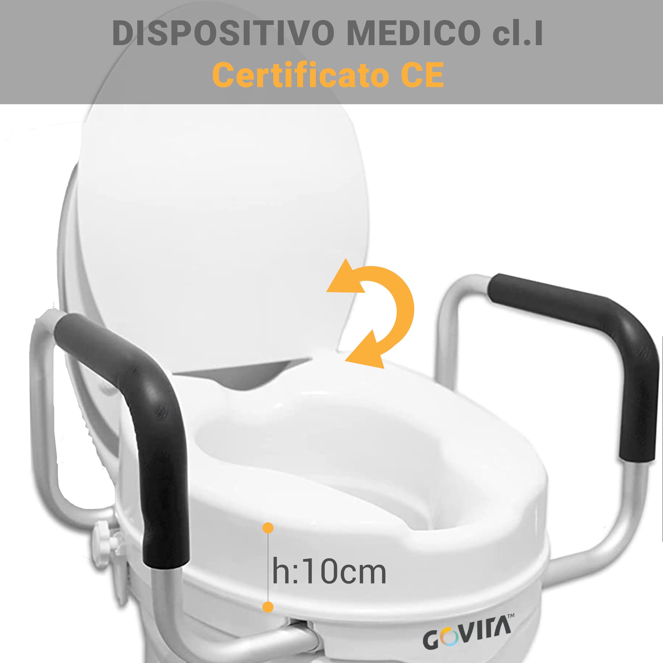 GOVITA - Rialzo WC per Anziani con Braccioli e Coperchio – Alzawater Universale per Disabili e Protesi Anca, Sedile WC Rialzato Bianco (10 cm)