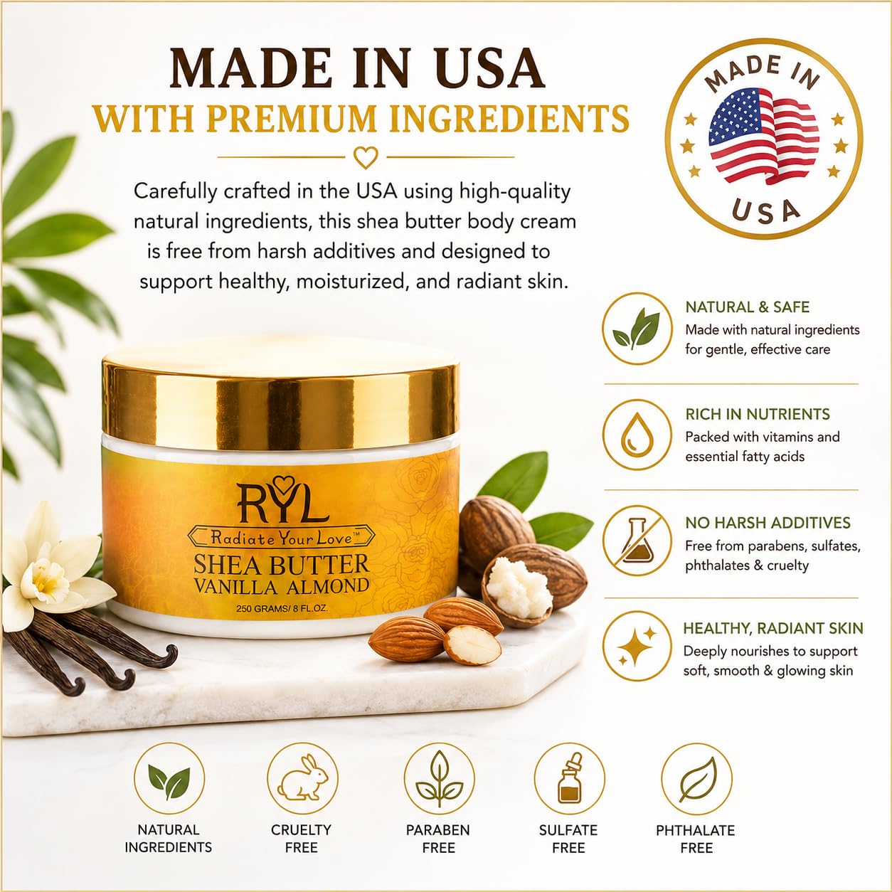 Shea Butter Vanilla Almond Body Cream 8oz, All Natural Moisturizing Face & Body Butter Made in USA, Beauty Gift for Women