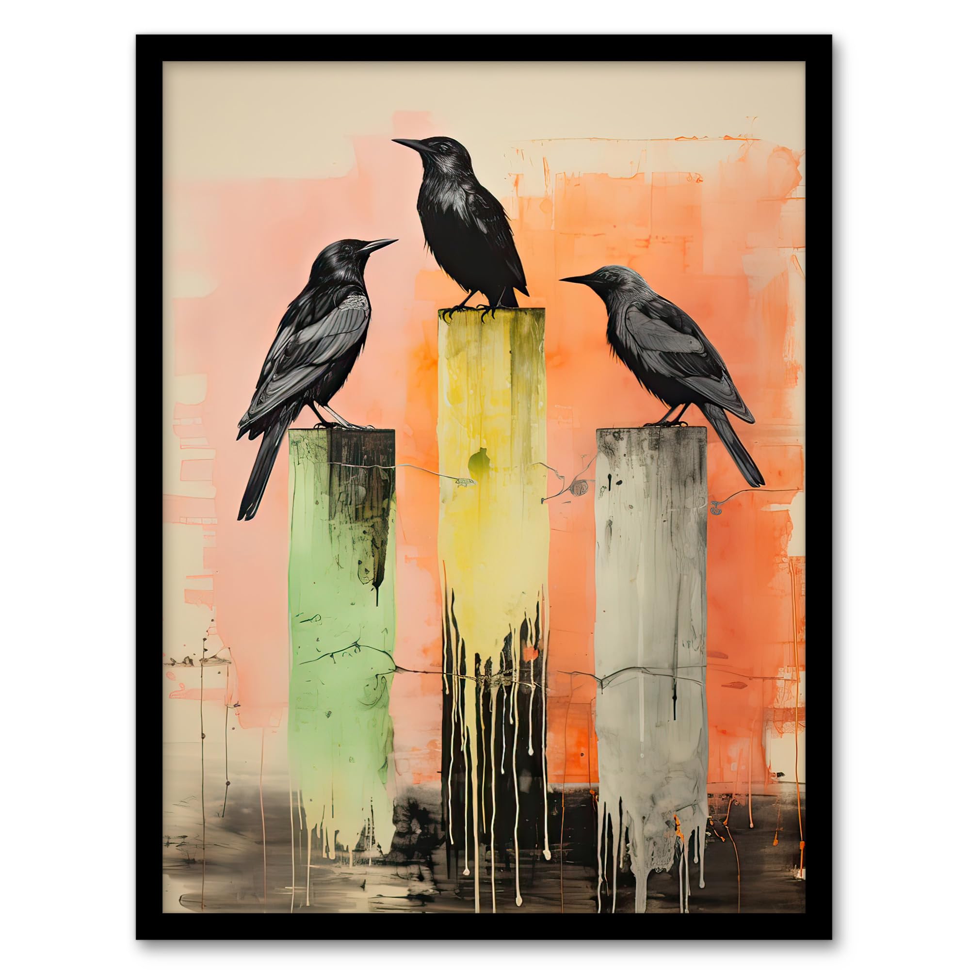 Artery8 Three Crows Sitting on a Pier Pink Green Yellow Artwork Framed Wall Art Print 18X24 Inch