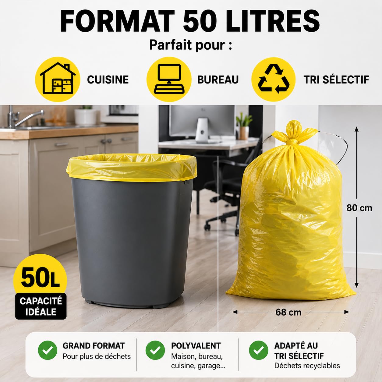 Bolsa de basura amarilla 50 l | 100 bolsas de basura de 50 litros (2 rollos de 50 bolsas amarillas) | Resistente (14 µ) e impermeable | Papeleras Oficinas – Cocina | Cierre de lazo para atar |