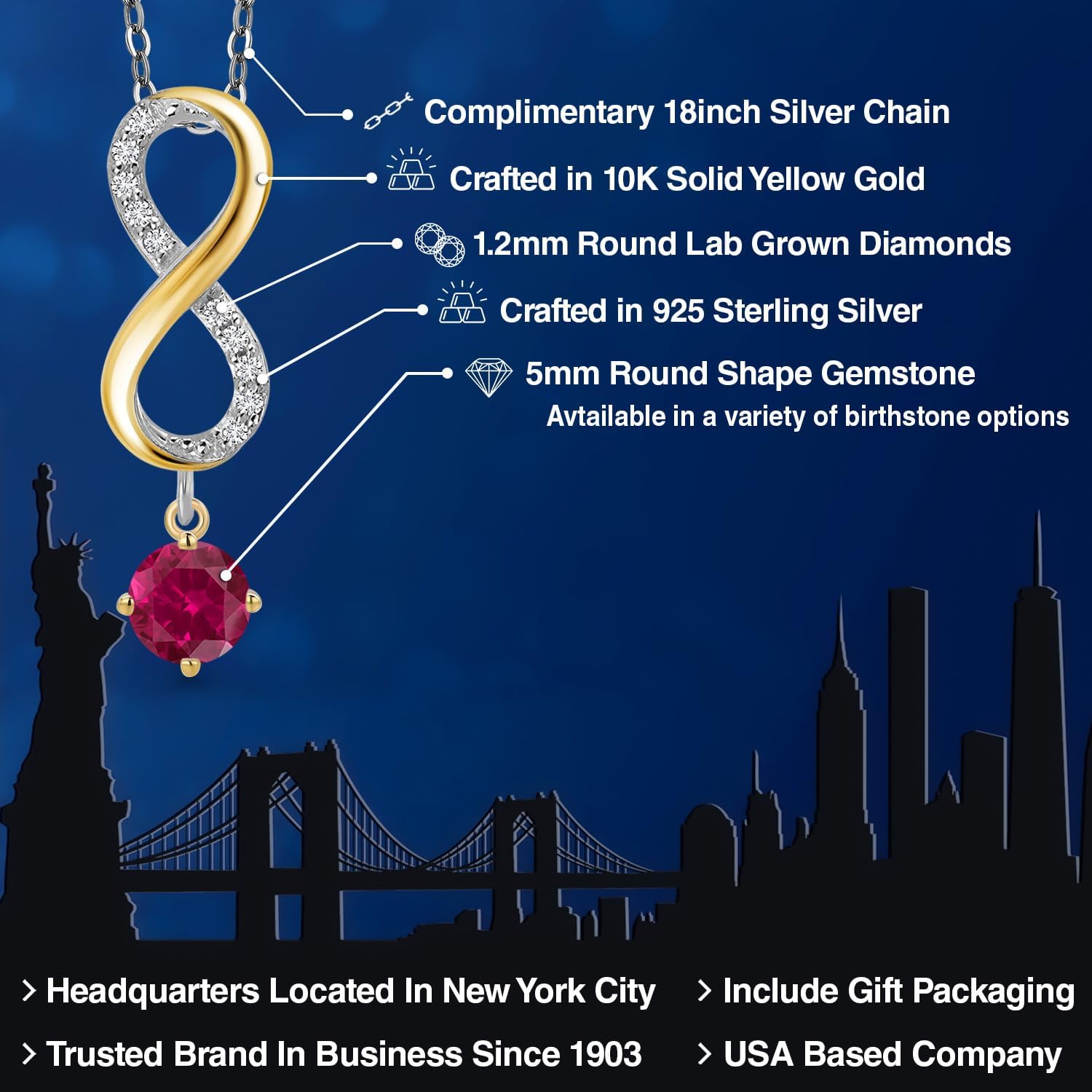 Gem Stone King 925 Silver and 10K Yellow Gold Red Created Ruby and Lab Grown Diamond Pendant Necklace for Women | 1.28 Cttw | Gemstone July Birthstone | Round 5MM | With 18 Inch Chain - Image 2