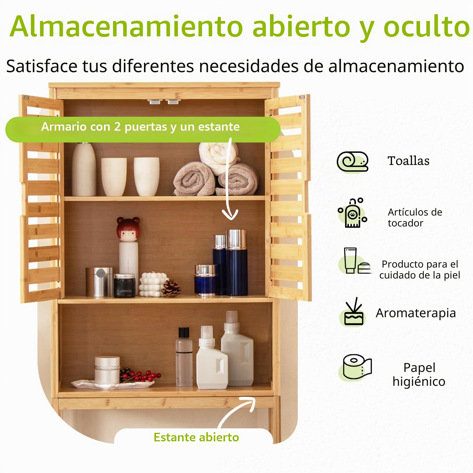 LIFEZEAL Estantería de Baño de Bambú, Armario Alto con 2 Puertas y Estante Abierto para Lavadora y Secadora