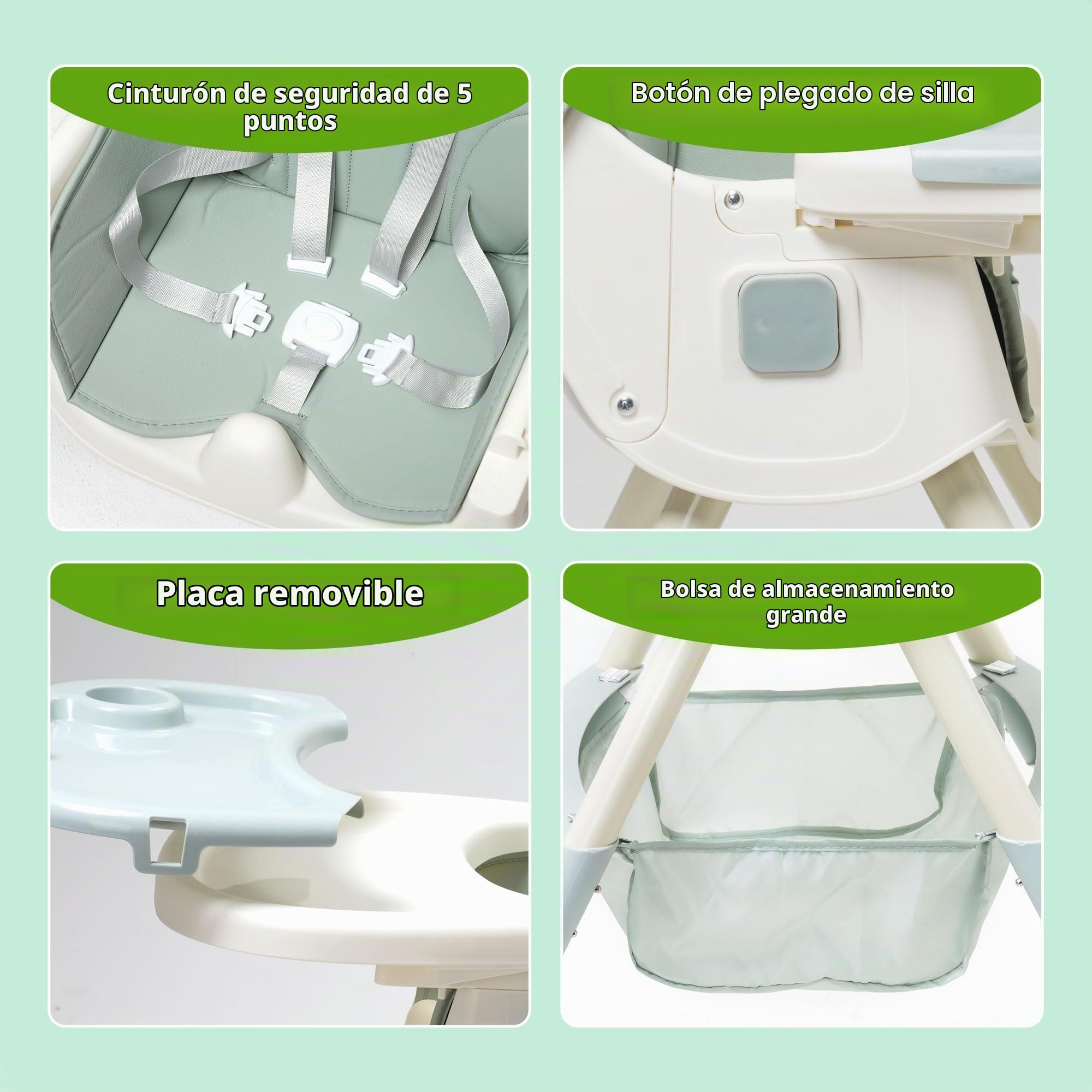 3in1 Trona bebé Ajustable Respaldo para Niño Reclinable 5 Posiciones Trona portatil Plegable Asiento Reposapiés Altura Ajustable 4 ruedas