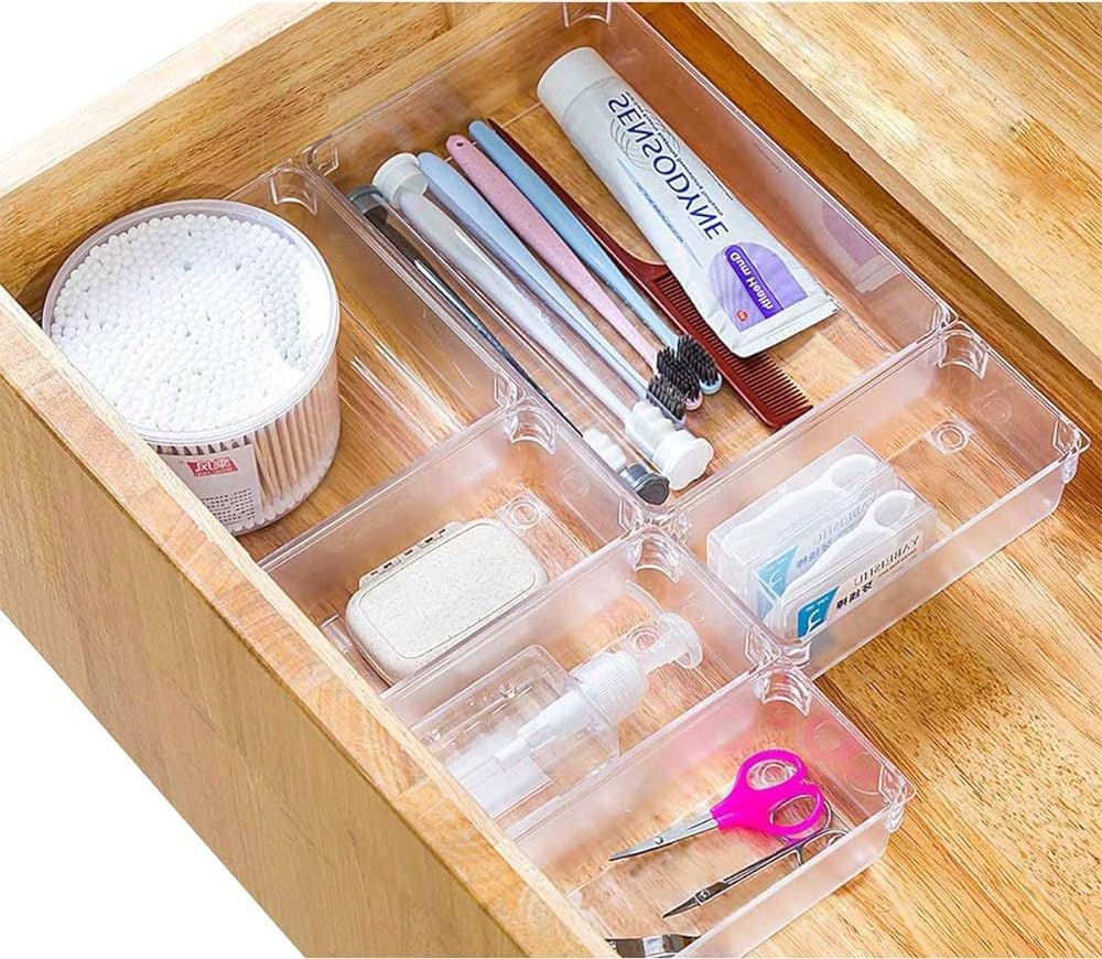 Clear Plastic Drawer Organizer Tray Acrylic Drawer Organizer 6 PCS Desk Drawer Organizer for Kitchen Makeup Drawer Organizer 4-Size Stackable Clear Storage Organizer for Vanity Bathroom Office Drawer