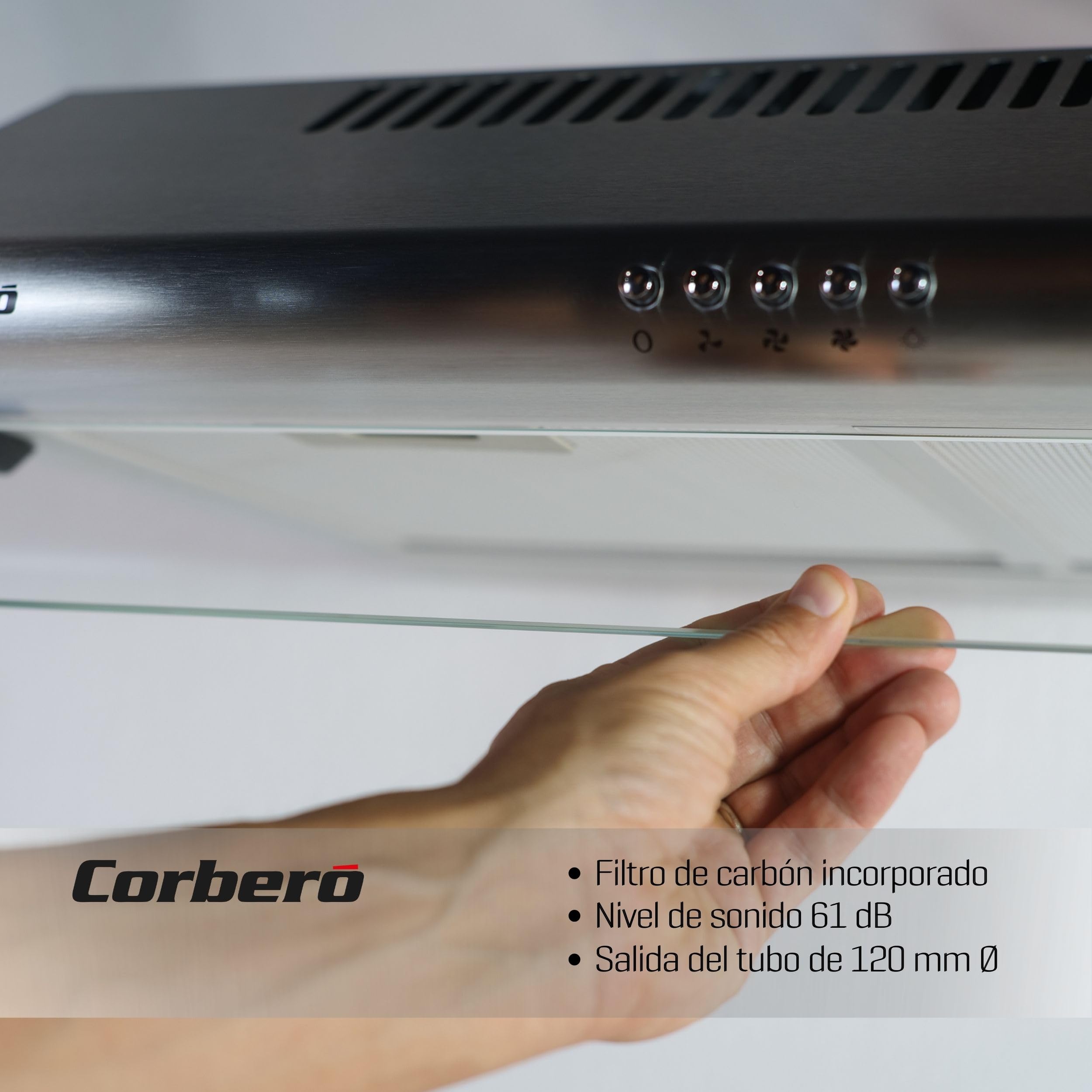 Corberó SELATI640X Campana Convenzionale, 60 cm, Portata 400 m3/h, Inox,191,5 W, 3 velocità, 2 x Filtro Alluminio, Filtro Carbonio, Efficienza Energetica D