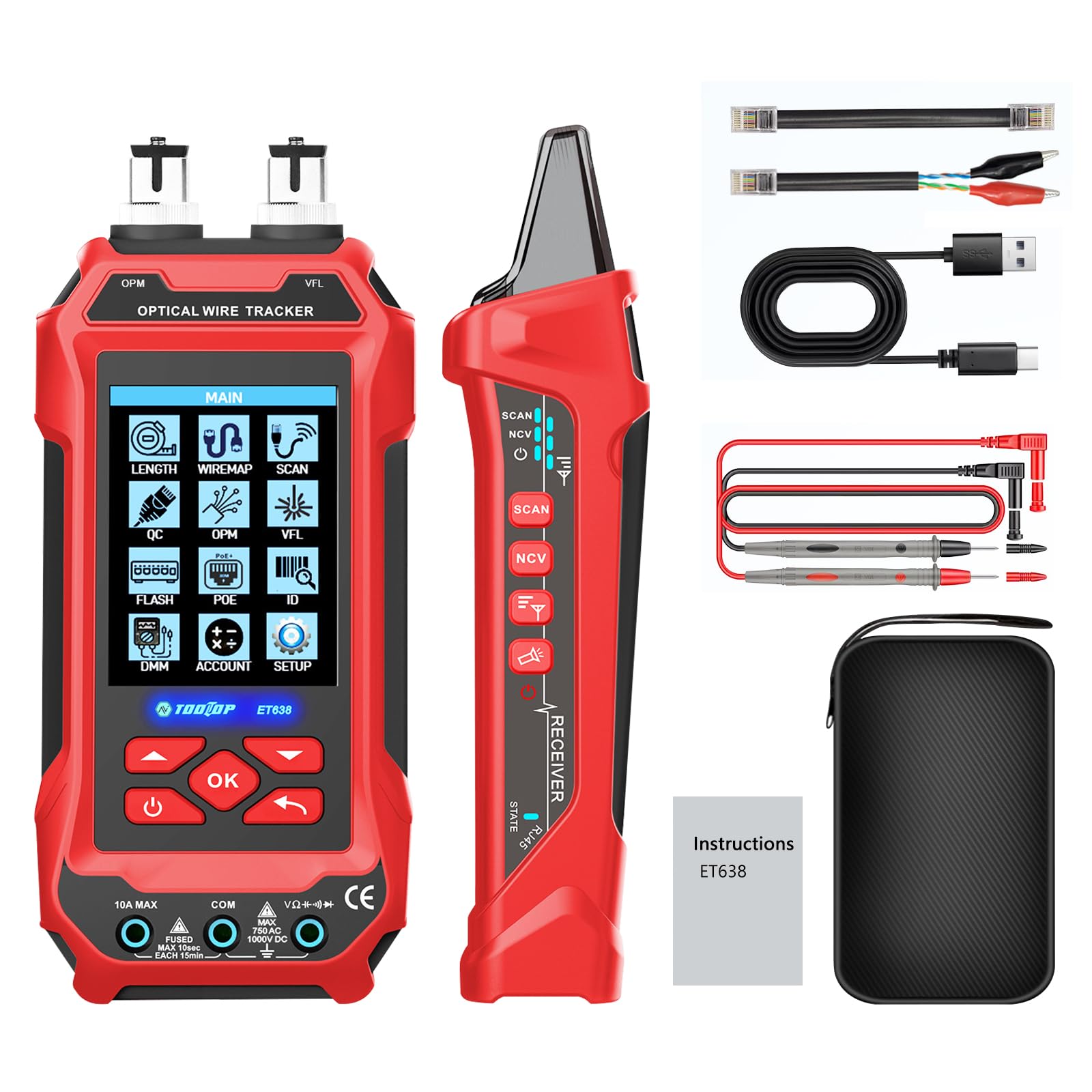 Tester per cavi di rete con funzione multimetro – RJ45/RJ11/BNC, misurazione lunghezza, rilevamento guasti, PING, PoE, tracciamento tono, display LCD multifunzione