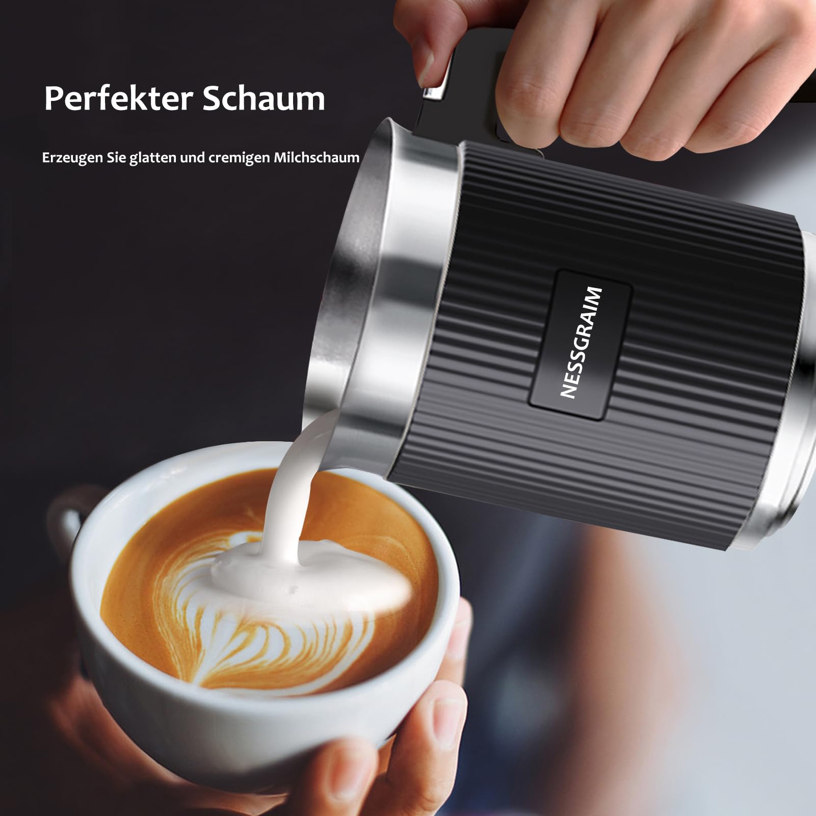 Milchaufschäumer Elektrisch 5-in-1, Milchschäumer Spülmaschinenfest mit Kakao Funktion für heißer Schokoladen, Heißer/Kalter Milchschaum, Warme Milch, 220V (Schwarz)