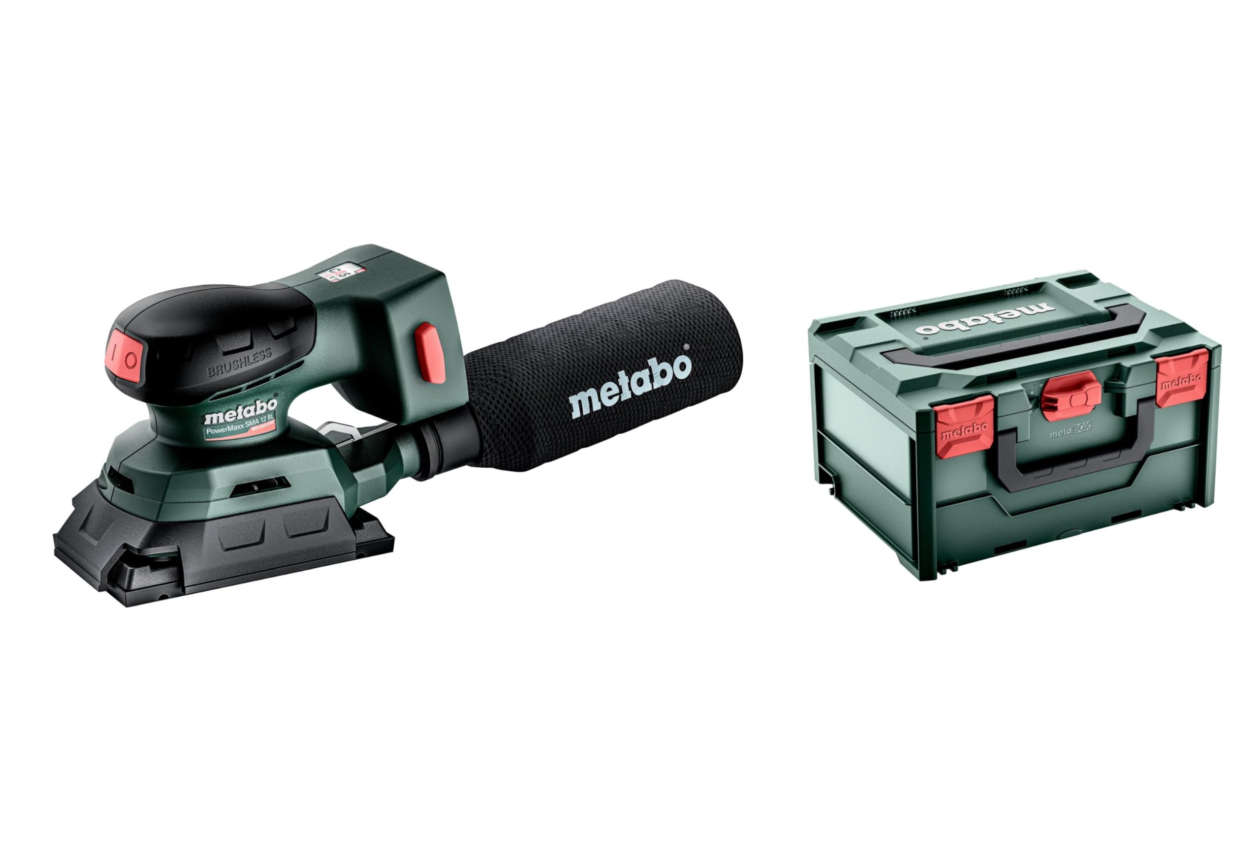 metabo Akku-Sander PowerMaxx SRA 12 BL - 12 V, 80 x 133 mm Schleifplatte - Brushless-Motor, kompakt & leicht, Drehzahlregelung, Staubbeutel, Softgrip, ideal für Holz & Metall - Inkl. Zubehör & metaBOX