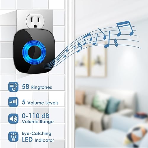 Miniatura 2 de PHYSEN - Kit de timbre inalámbrico que funciona a 1000 pies, 4 niveles de volumen y 52 diferentes de melodías de campanilla