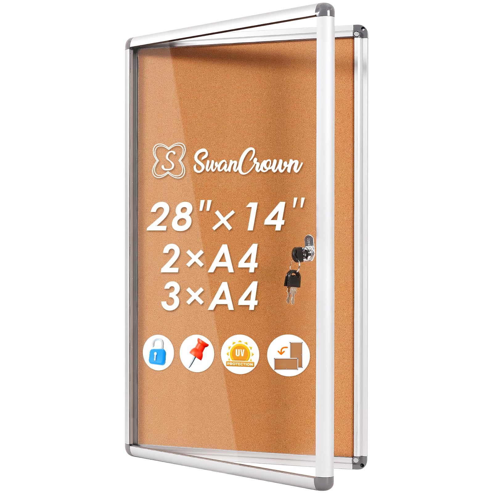SWANCROWN Lockable Noticeboard Wall-Mounted Bulletin Pin Cork Boards Message Board with Aluminium Frame 28x14 inch