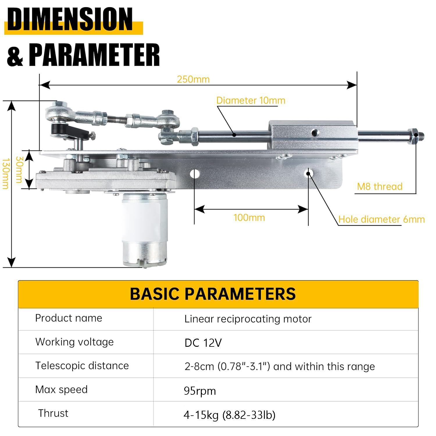 Attuatore Lineare a Pistone Alternativo DC 12V, Motore Lineare Telescopico Regolabile con Regolatore di Velocità, Linear Actuator 95RPM, Motore a Pistone Alternativo Corsa 2-8cm