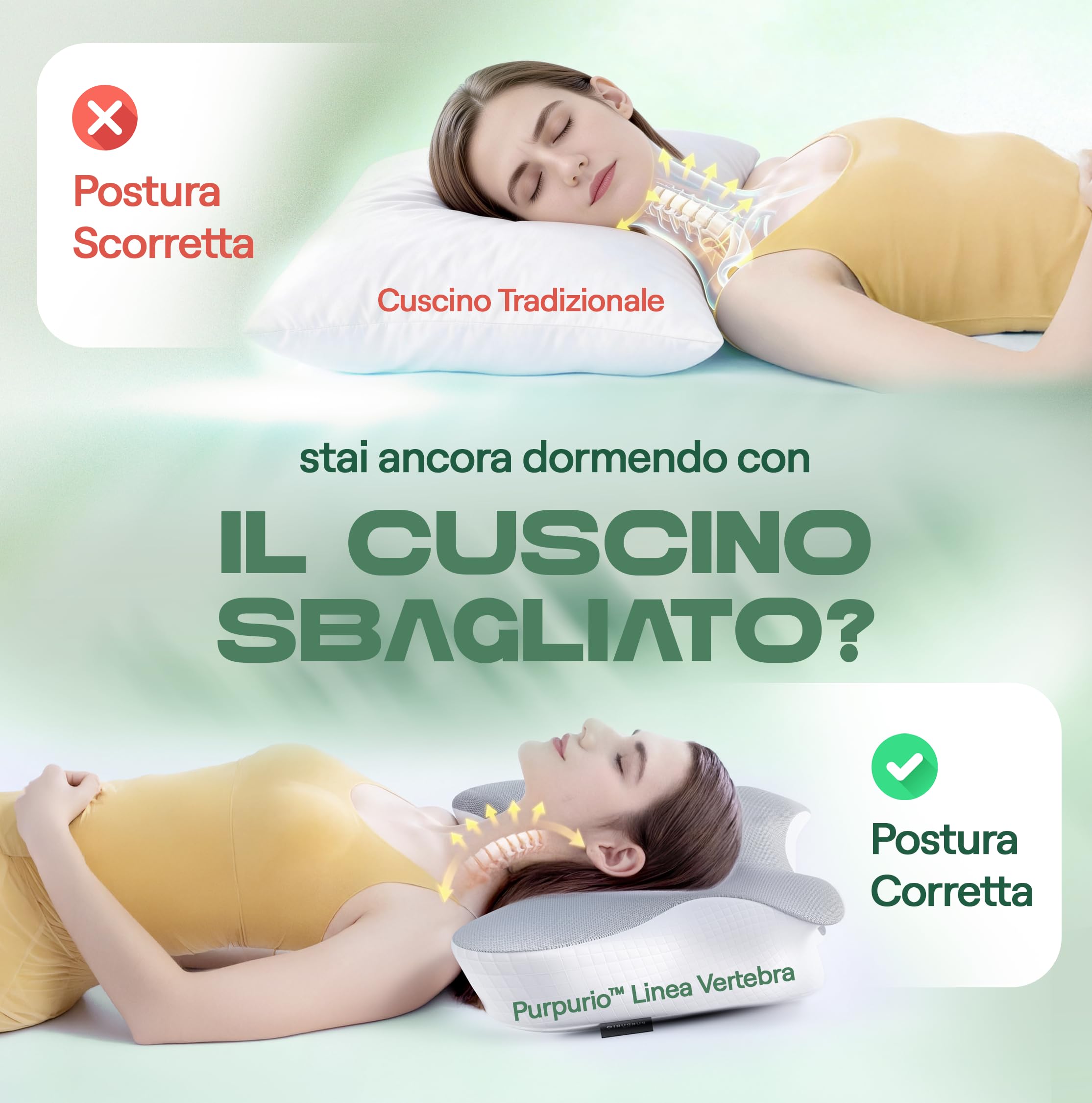 Linea Vertebra™ Cuscino Cervicale per Dormire - Cuscino Ergonomico con 2 Livelli di Altezza in Memory Foam - Cuscino Antirussamento con Federa Sfoderabile e Lavabile