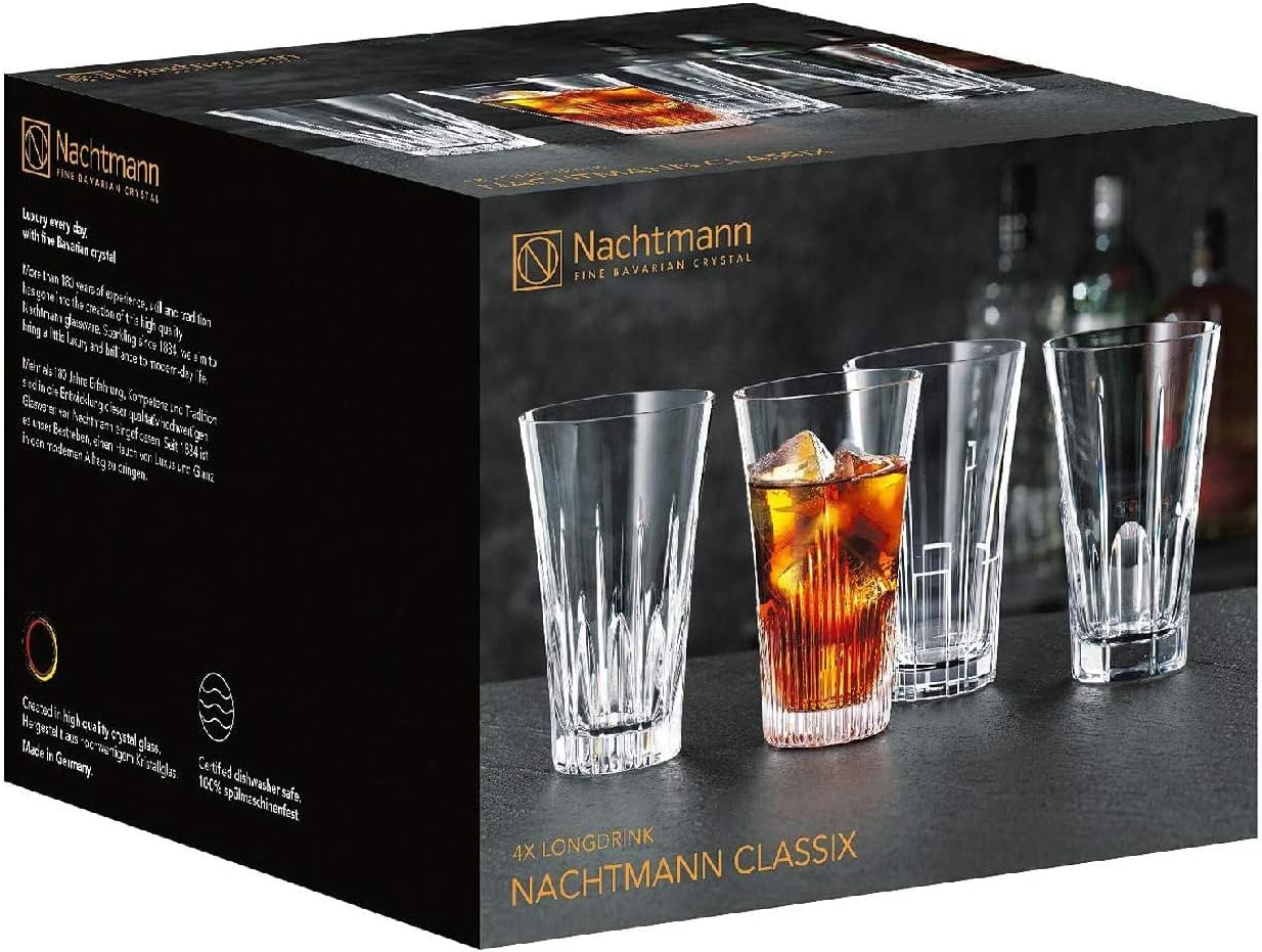 Nachtmann Classix Long Drink Glass, Set of 4, Crystal Hiball Glass, Clear Glass, For Cocktails or Non- Alcoholic Beverages,14-Ounce Capacity, Dishwasher Safe