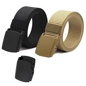 Nylon Tactical Military Men Belt Webbing Canvas Web Belts with Plastic Buckle No Metal Nickel Free 2 Pack