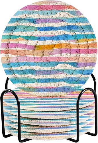 Casters Set with Holder 6 Pack Coasters for Drinks Aesthetic Coasters for Desk Posavasos para Mesa Watercolor Blue Pink