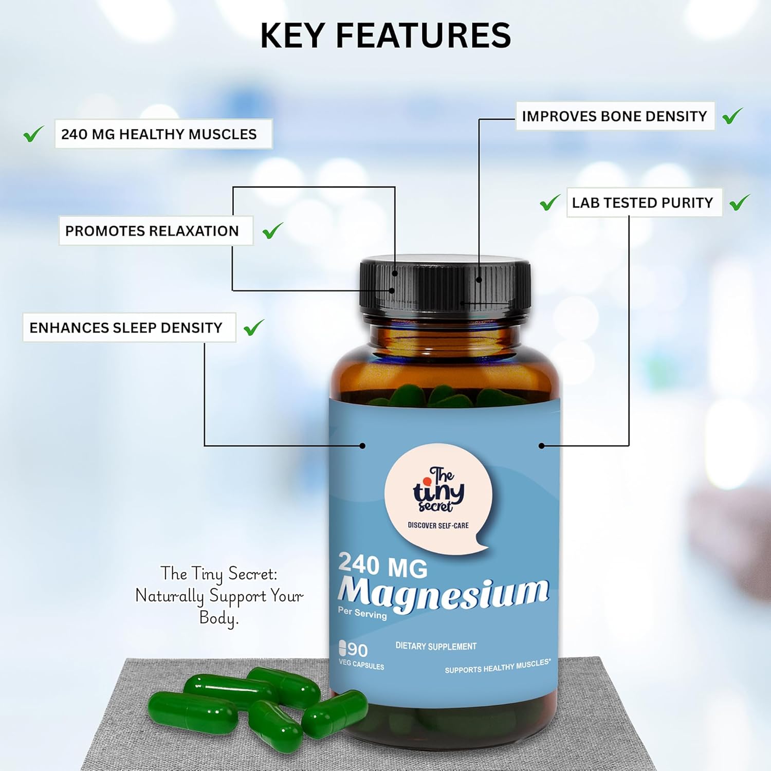 Magnesium 240mg – Supports Healthy Muscles with Magnesium Stearate (INS 470iii), HPMC Capsule | Non-GMO, Gluten-Free, No Added Sugar - 90 Veg Capsules - Image 2