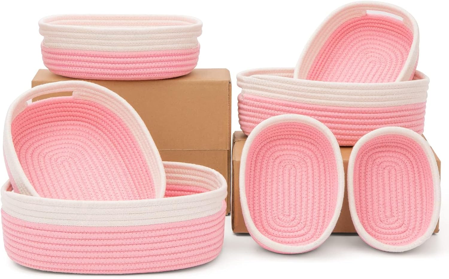 7 Piece Cotton Rope Woven Basket Set - Small Basket for Baby Nursery, Pets, Montessori, Dog & Cat Toy Boxes, Bathroom Organization Bins (White/Pink)