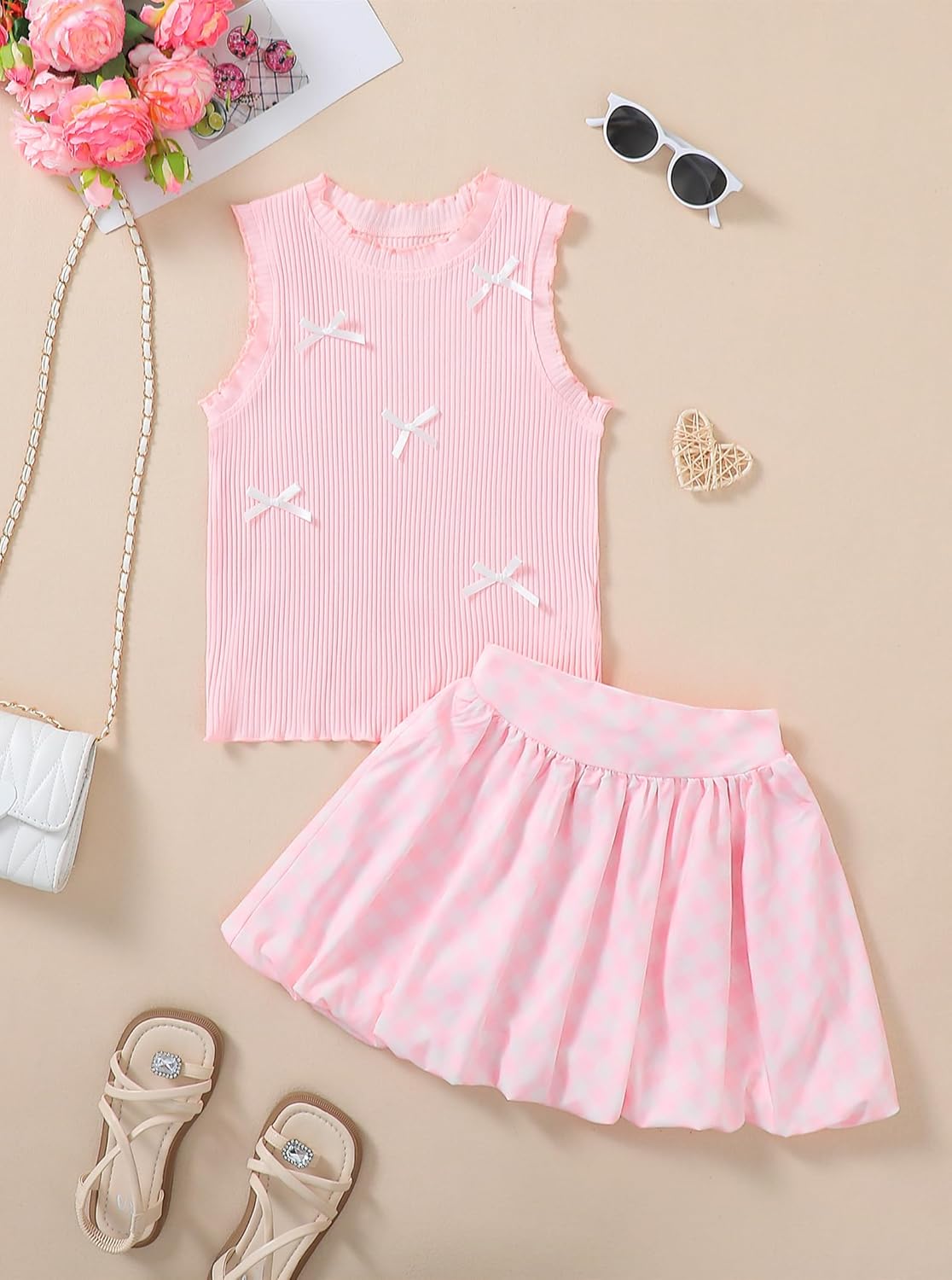 Girls 2 Piece Outifit Sleeveless Ribbon Bows Ribbed Knit Cute Tops and Plaid Bubble Skirt Set - Image 2