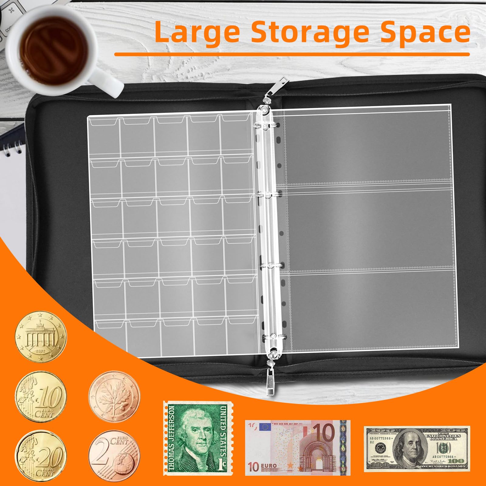 Ignífugo Album Monedas de 2 euros, Monedas Coleccion con 24 Páginas para 300 Monedas y 36 Billetes de Euros, Dólares, Libras Esterlinas y Peniques (Negro)
