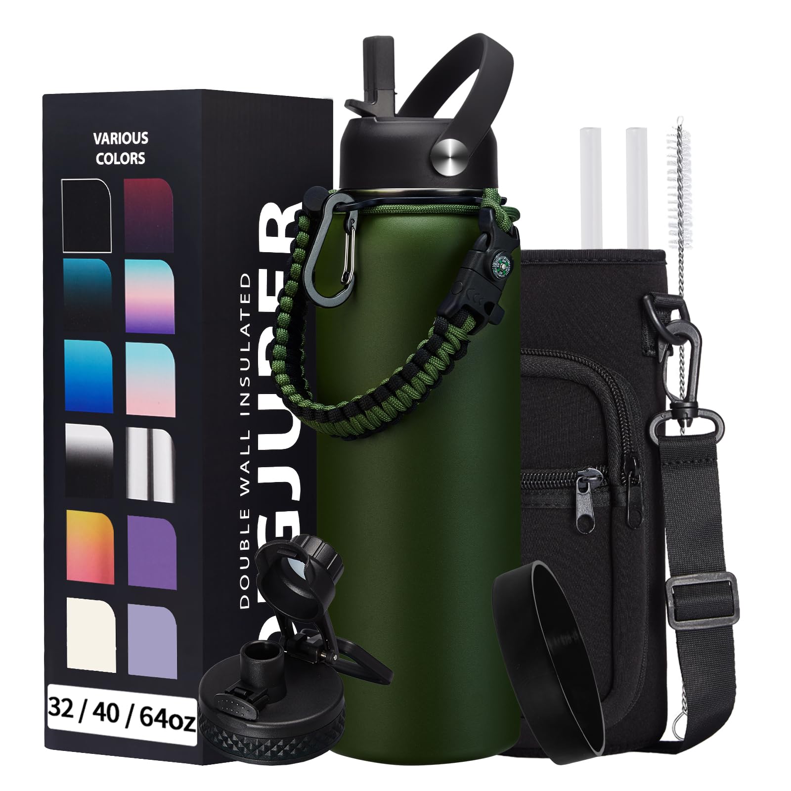 40OZ Water Bottle Stainless Steel - Cold-48H & Hot-24H Vacuum Insulated Water Bottle with Straw & Chug Lid, Strap Carrying Pouch, Paracord Handle &