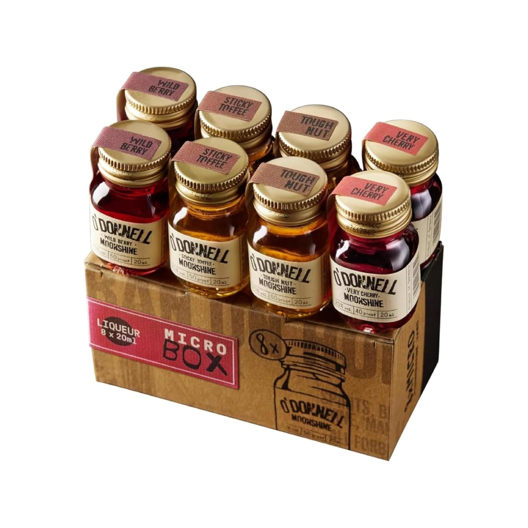 O'Donnell Moonshine 8er Micro Moonshine Box "Classics" | 8 x 20ml | Natural Ingredients | Vegan | Premium Liqueur | American Tradition | 20-25% ABV | 40-50 proof | Gift Idea | Shots