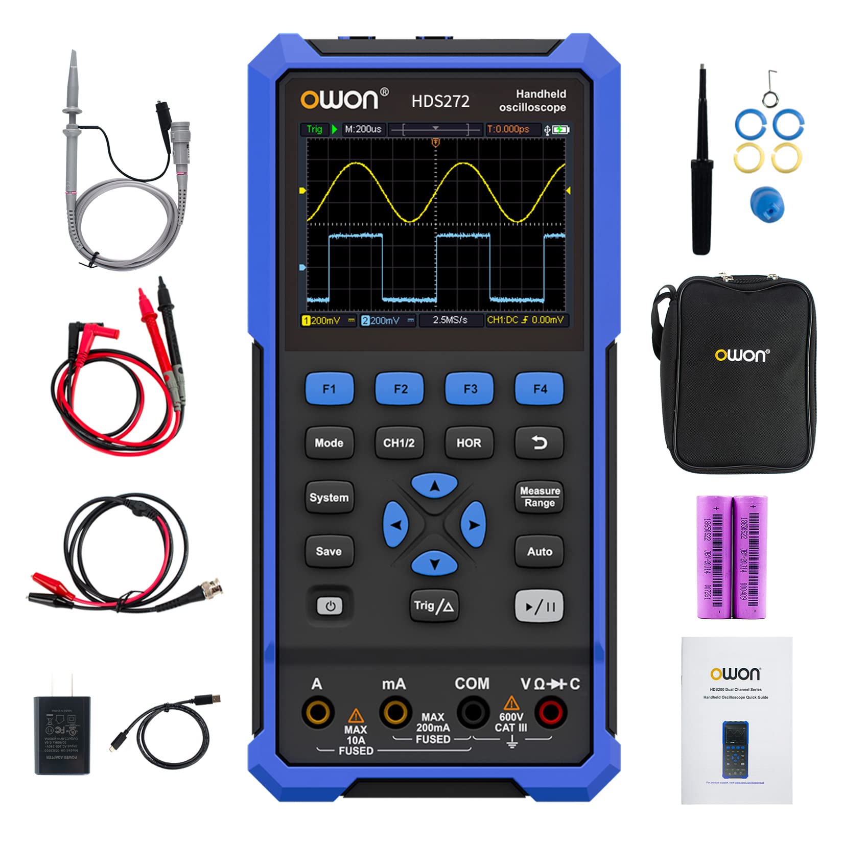 OWON HDS272 2 in 1 Handheld Oszilloskop, 70MHz Bandbreite USB Typ C mit 3,5 Zoll LCD Display, 20000 Zählungen Digital multimeter, 2 Kanal Digital Oszilloskop