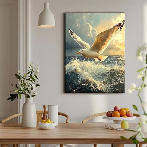 Miniatura 2 de Lienzo enmarcado de gaviota, pintura de pared, olas del océano, paisaje marino, lienzo impreso, imagen de obra de arte para sala de estar,