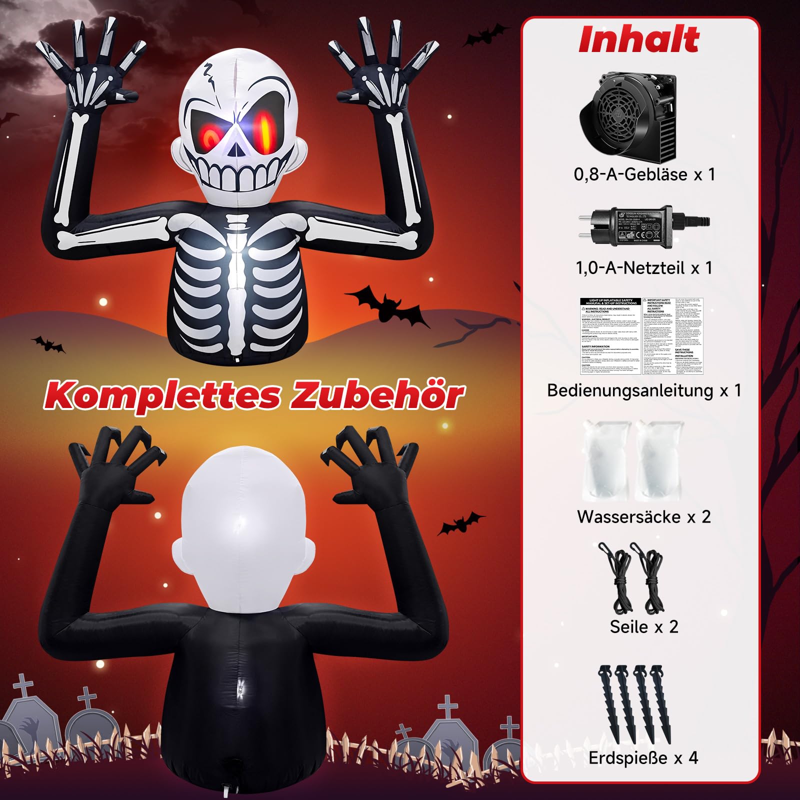 Danxilu 1,83M Gruselige Aufblasbar Halloween Skelett Außen Deko Roten Augen | Eingebaute LED Lichter, Wasserdichtes Material, Seile und Heringe für Windstabilität, Geeignet für den Garten, Rasen, Feiern