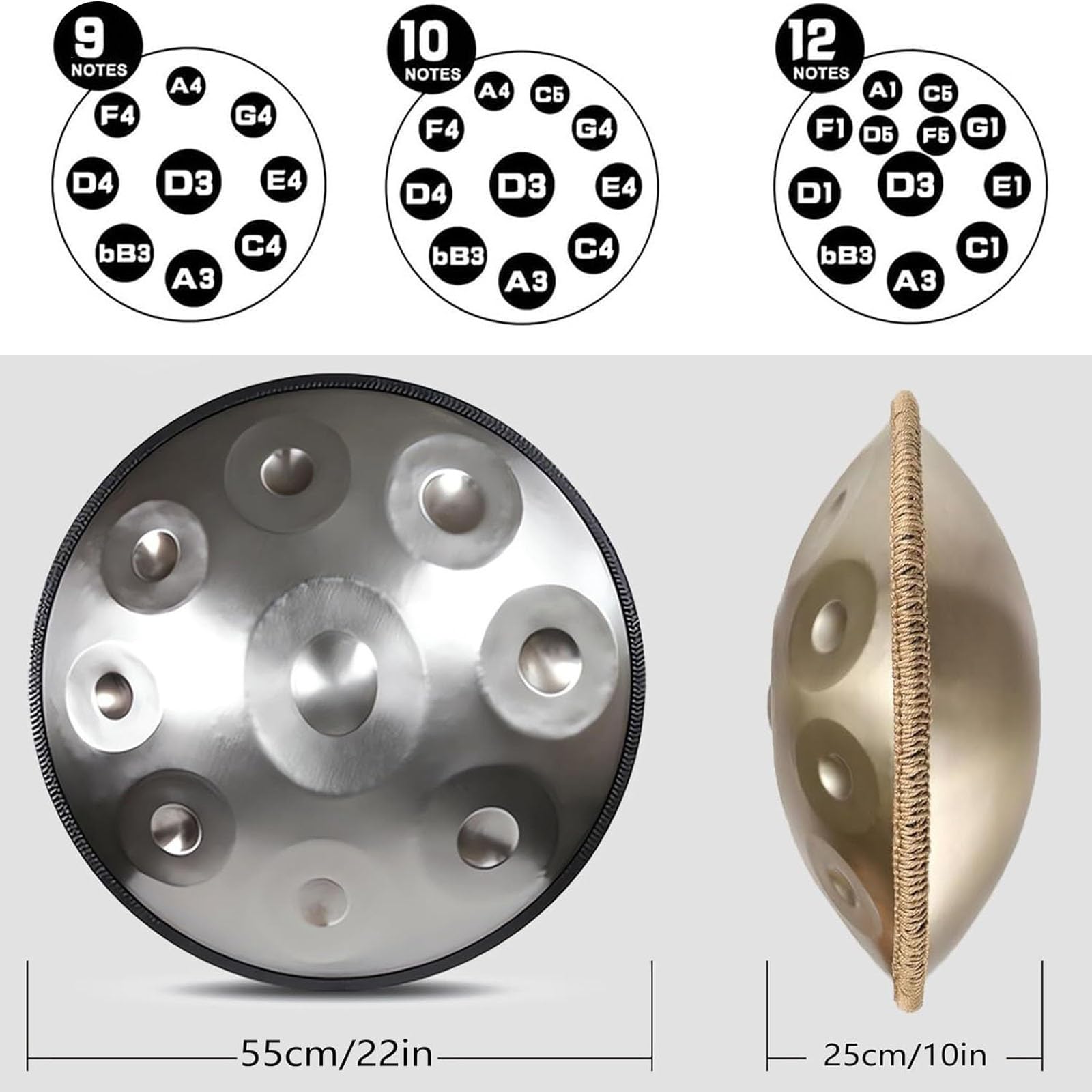 Handpan Drum 432Hz/440Hz, 9/10/12 Note Strumento A Percussione da 55cm Con Treppiede, Steel Tongue Drum, Handpan in Acciaio per Meditazione, Yoga e Guarigione Sonora(Black,432HZ/12Note)