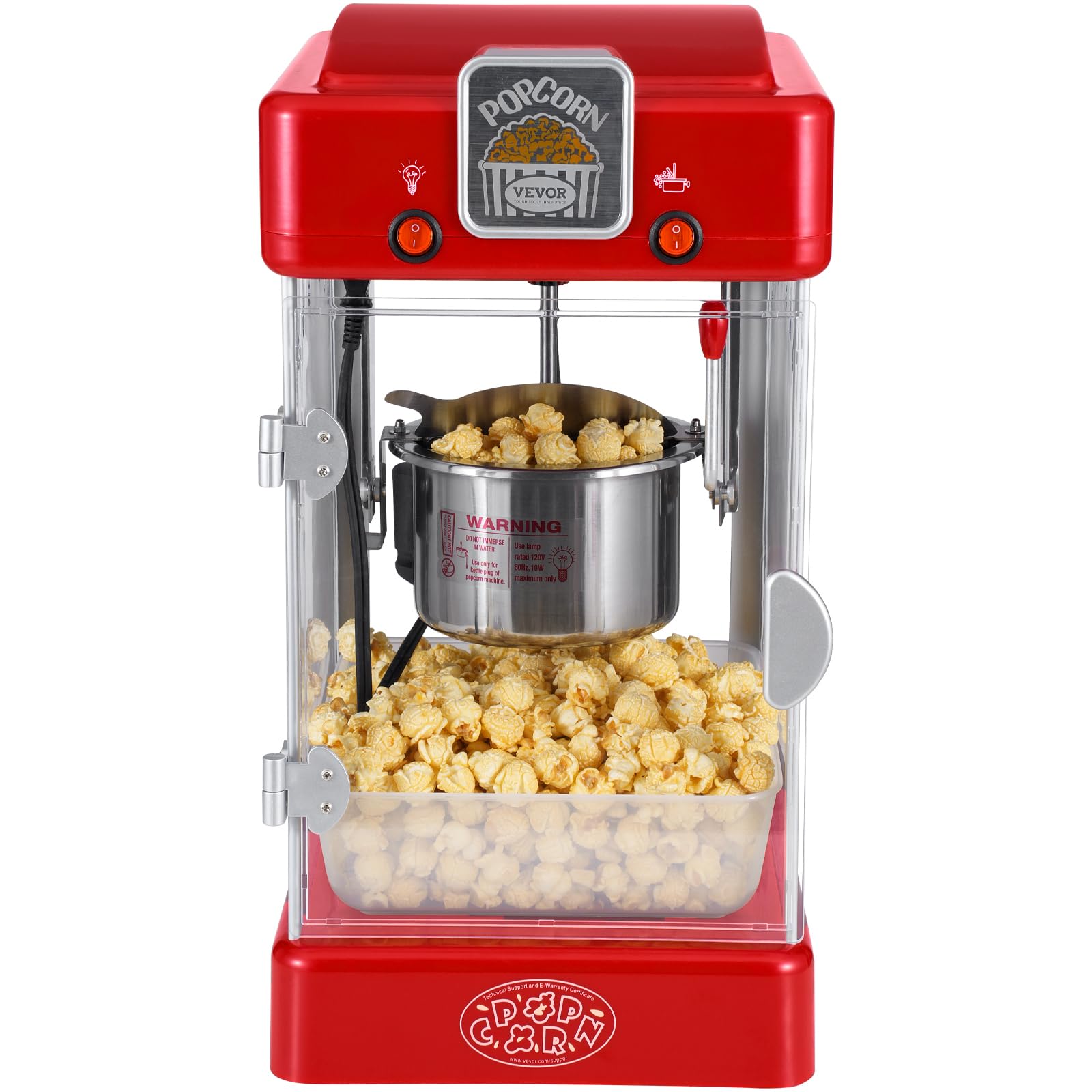 VEVOR Maszyna do popcornu, maszyna do popcornu 300 W, waga 3,25 kg, czajnik 0,07 kg, 3,78 kg na partię, stołowa maszyna do popcornu z drzwiami, w zestawie 2 łyżki tacy, styl teatralny, czerwony