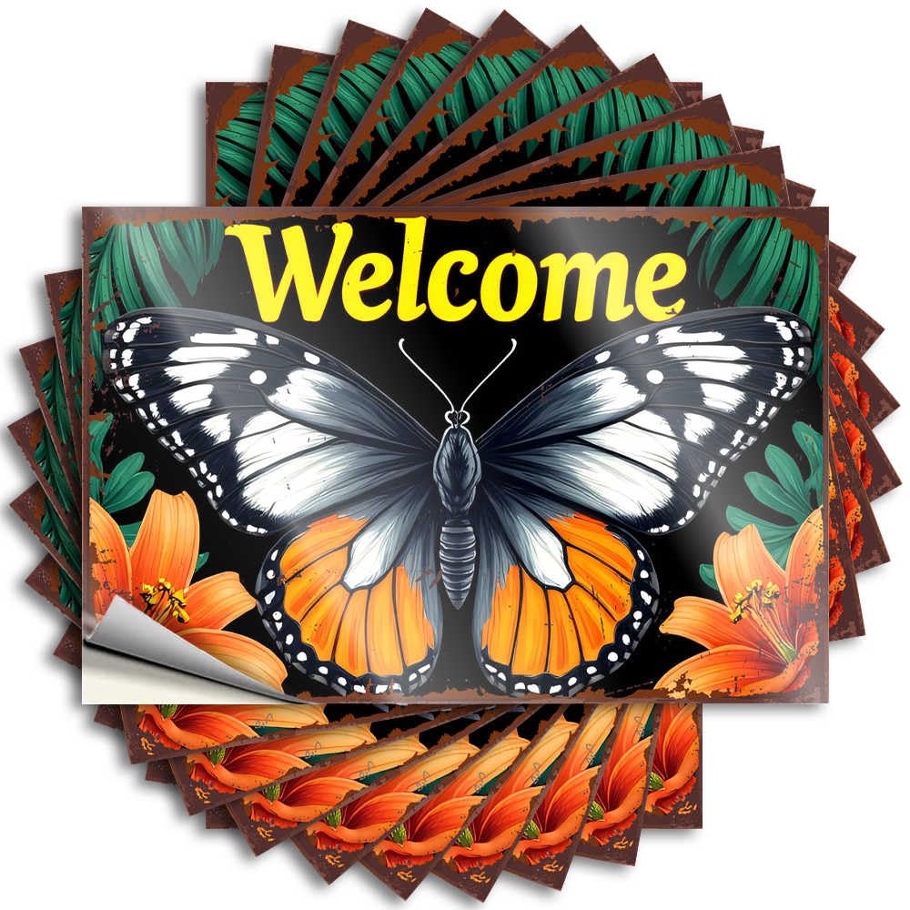 Welcome Sign with Butterfly and Orange Flowers Optical Illusion Saying | Gifts for Home Decor Waterproof Vinyl Laptop Halloween Removable Decal Peel Stick(8X12CM)