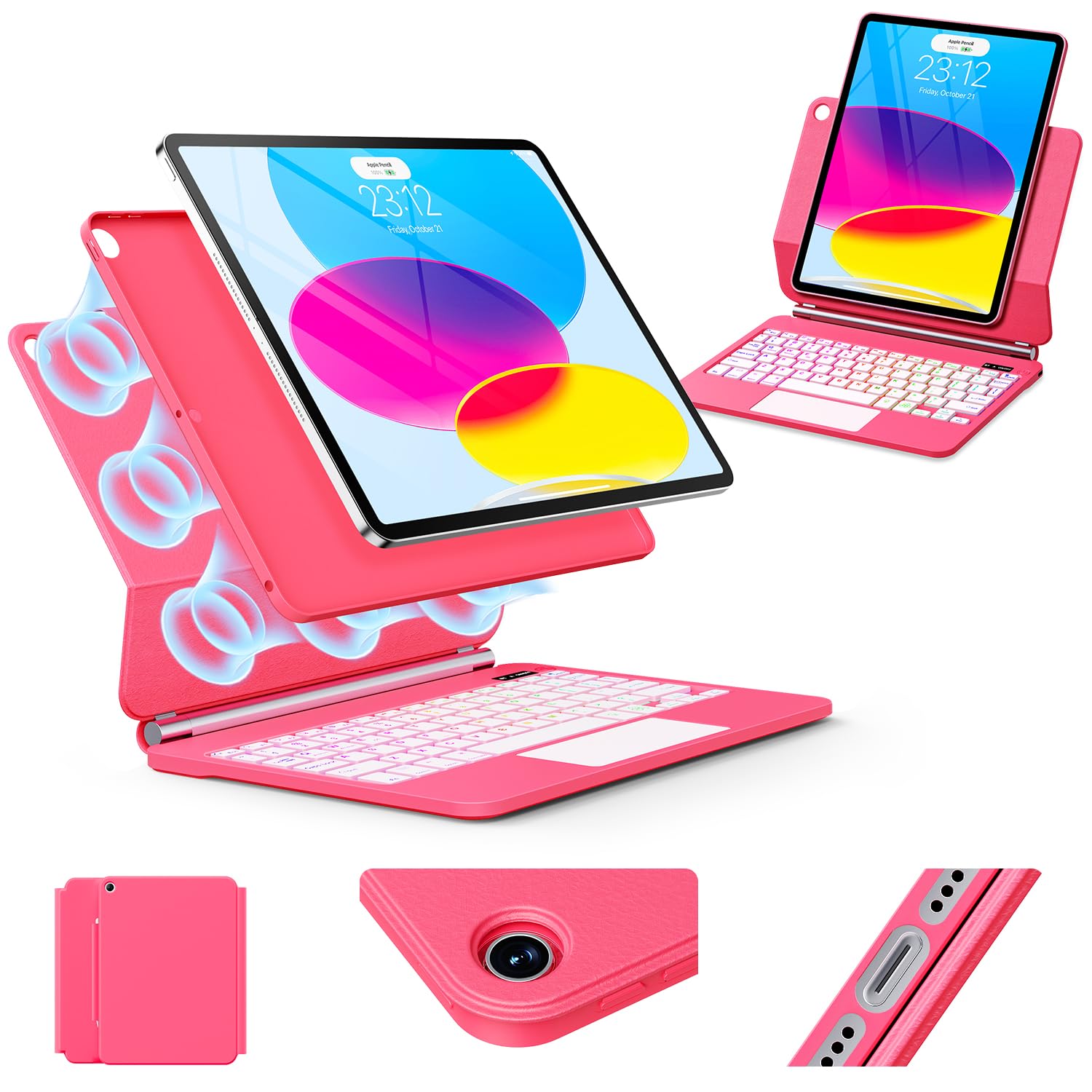 for iPad (A16) 11th/10th Generation Case with Keyboard – Magic-Style Magnetic – Floating Cantilever Stand - Backlit - Multi-Touch Trackpad Keyboard Case for iPad 11 inch &amp;10th Gen 10.9 inch (Rose Red)
