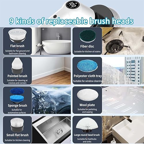 Miniatura 2 de MGLSDeet Cepillo de limpieza eléctrico recargable con 9 cabezales de cepillo reemplazables, limpiador eléctrico inalámbrico y portátil, limpiador de