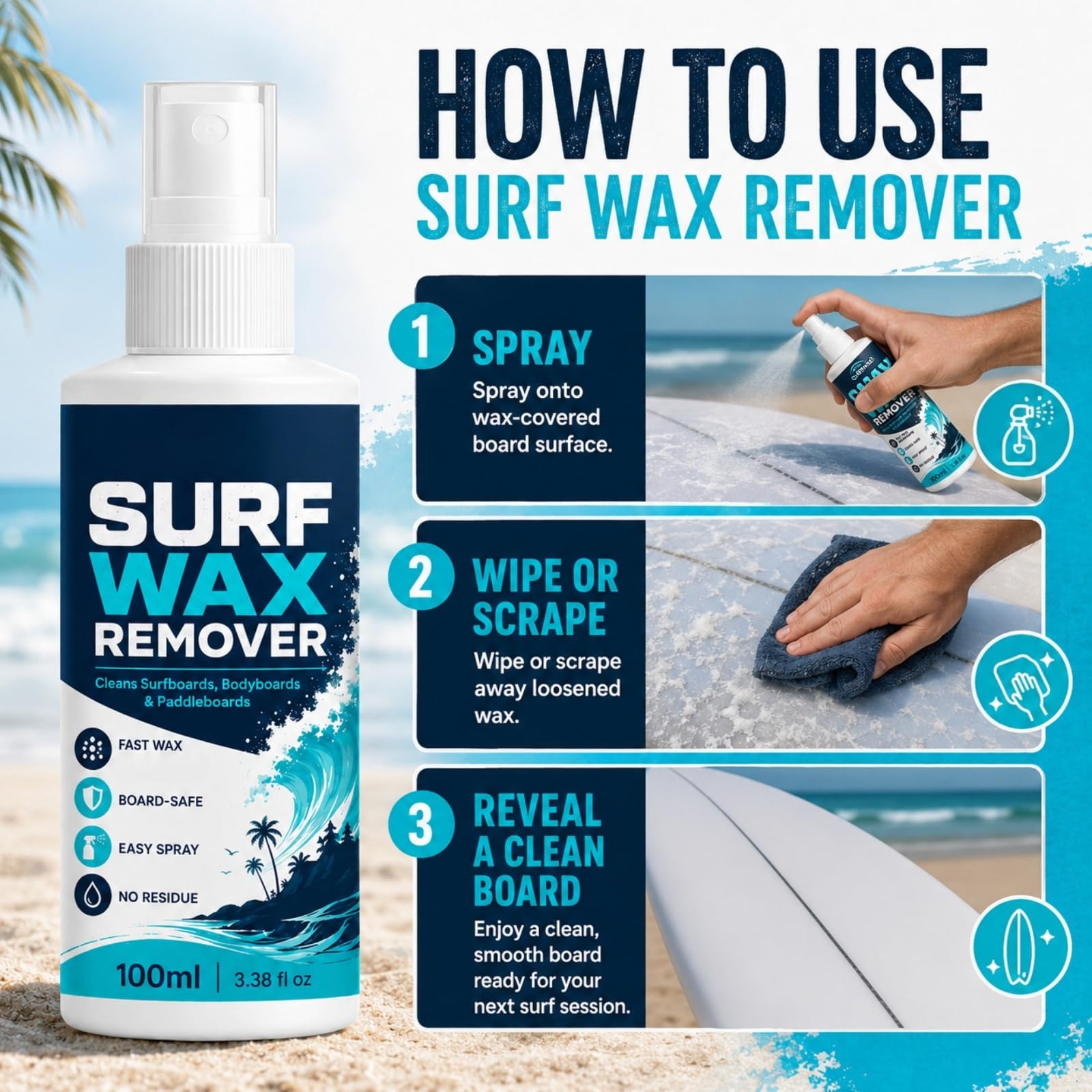 Surfbrett-Wachsentferner-Spray, schnell wirkende Reinigungsformel, schonend für Gelcoat, entfernt Rückstände und Schmutz, stellt die Oberfläche von Surfbrettern, Paddleboards und Bodyboards (6pcs)