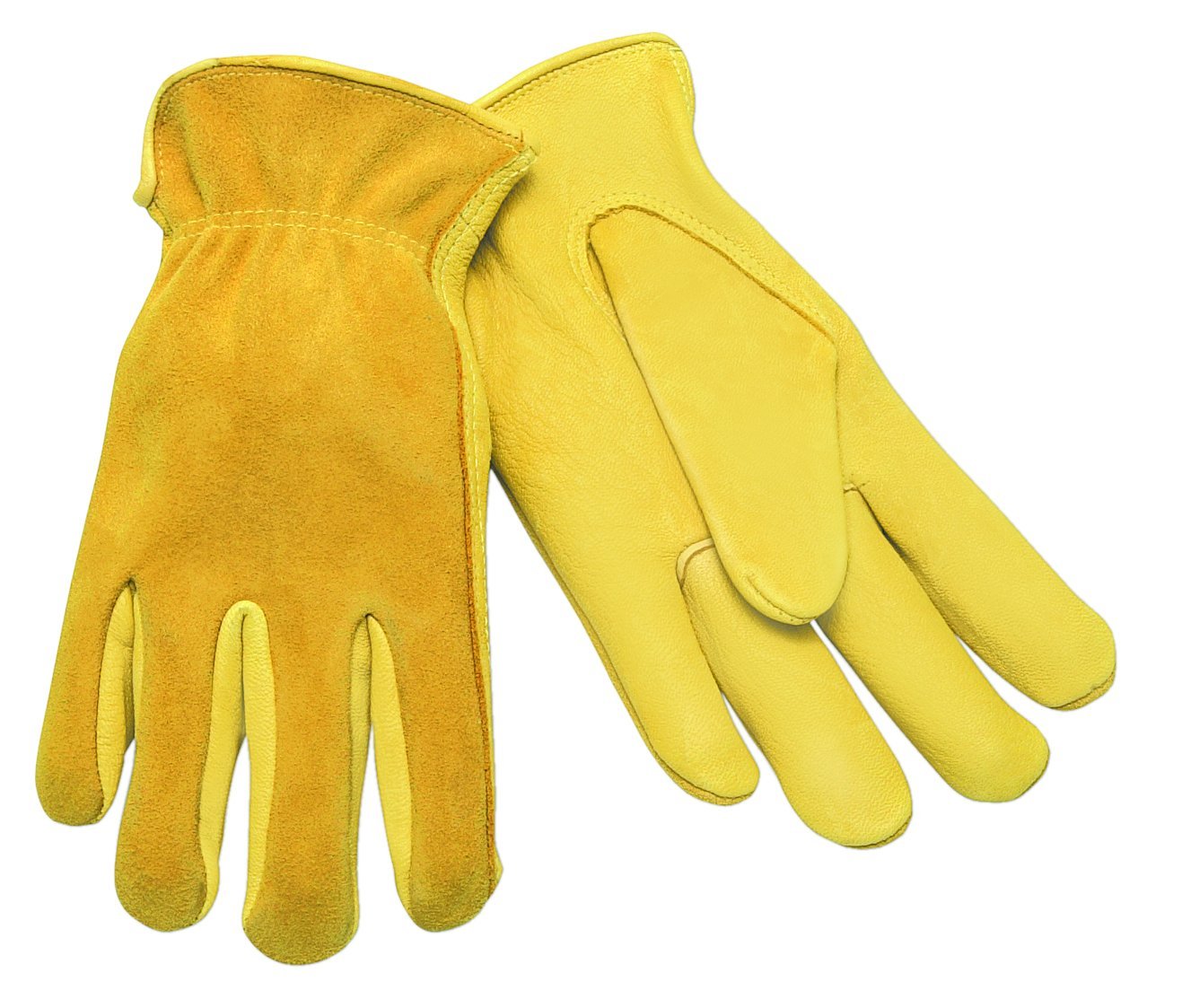 MCR Safety 3505L Regular Grain Deerskin Leather Palm Self Hemmed Unlined Gloves with Keystone Thumb, Yellow, Large, 1-Pair