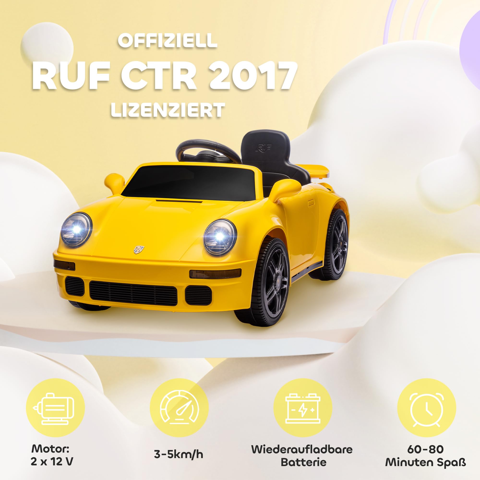 AIYAPLAY Dziecięce auto elektryczne 12V RUF CTR 2017-Yellowbird Żółty | 2,4 GHz pilot, 2 silniki, miękki start, pojazd dziecięcy, wskaźnik energii, MP3, LED, klakson, dla 3-6 lat
