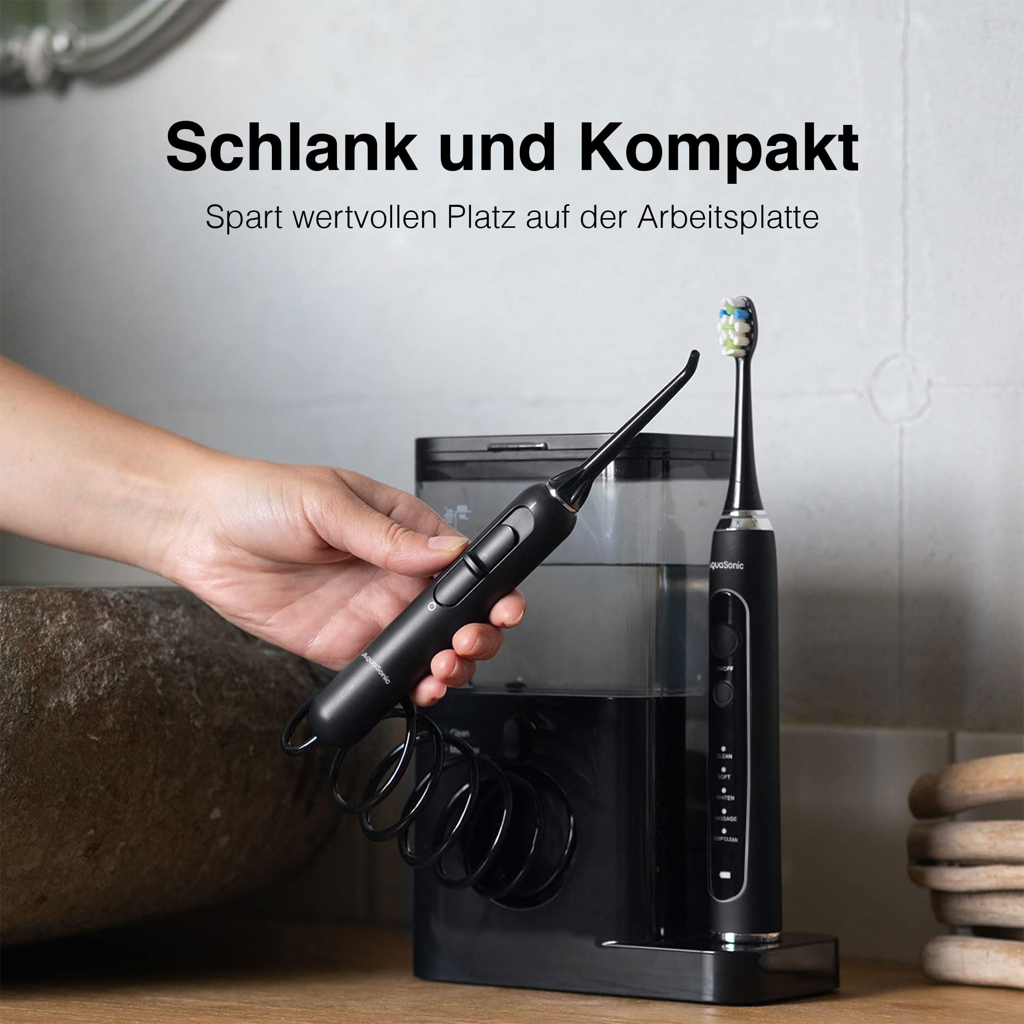 AquaSonic - Home Dental Center PRO | Bürsten & Zahnseide - Elektrische Zahnbürste - Power-Zahnbürste & Munddusche - Weißere Zähne & Gesünderes Zahnfleisch - Black Series Pro + Oral Irrigator