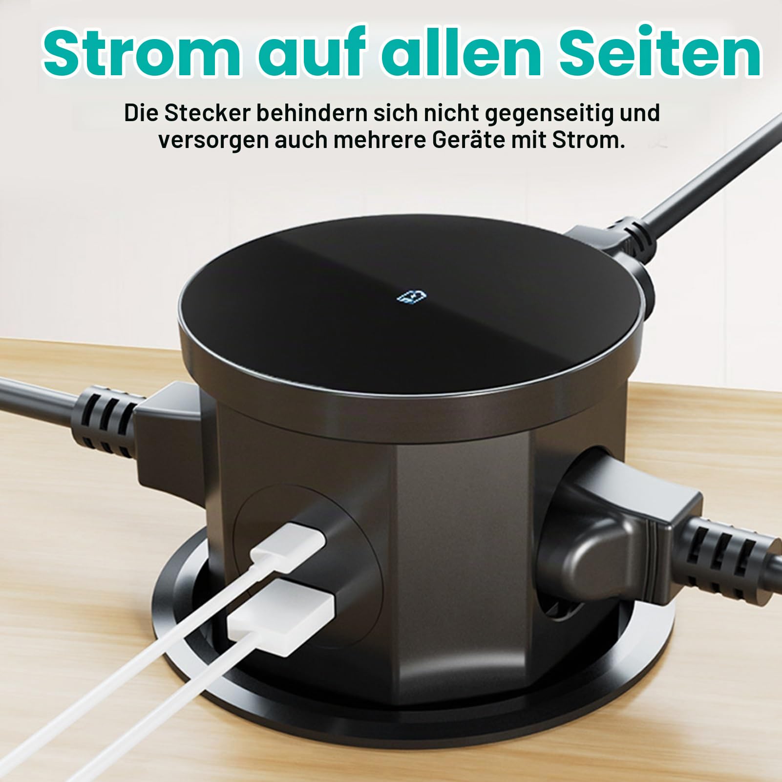 DEWIN Versenkbare Steckdose, Tischsteckdose 3 Fach Steckdosenleiste mit USB C, Kabellosem Ladegerät 15W und 1,5m Kabel Schwarz