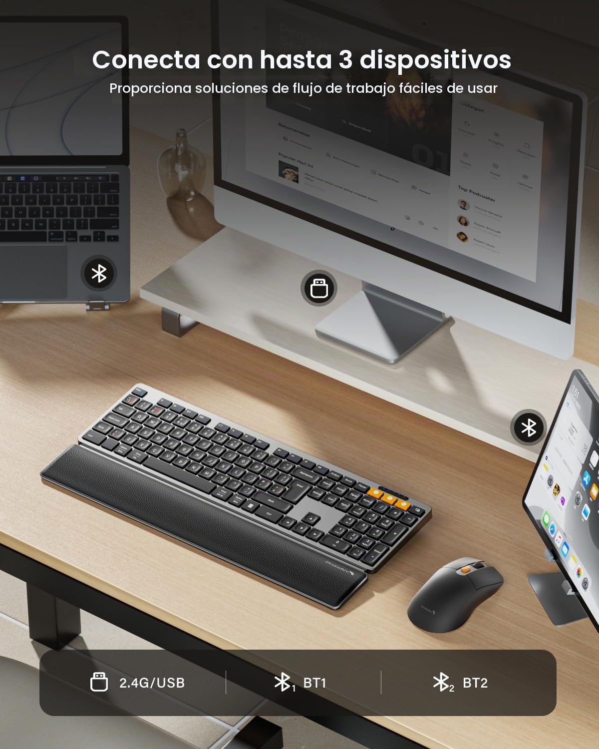 ProtoArc Teclado y mouse inalámbricos Bluetooth, teclado KM60 de tamaño completo con reposamuñecas, recargable, 2.4 GHz + Bluetooth dual, para laptop, PC, Mac, Windows, diseño QWERTY UK, gris espacial